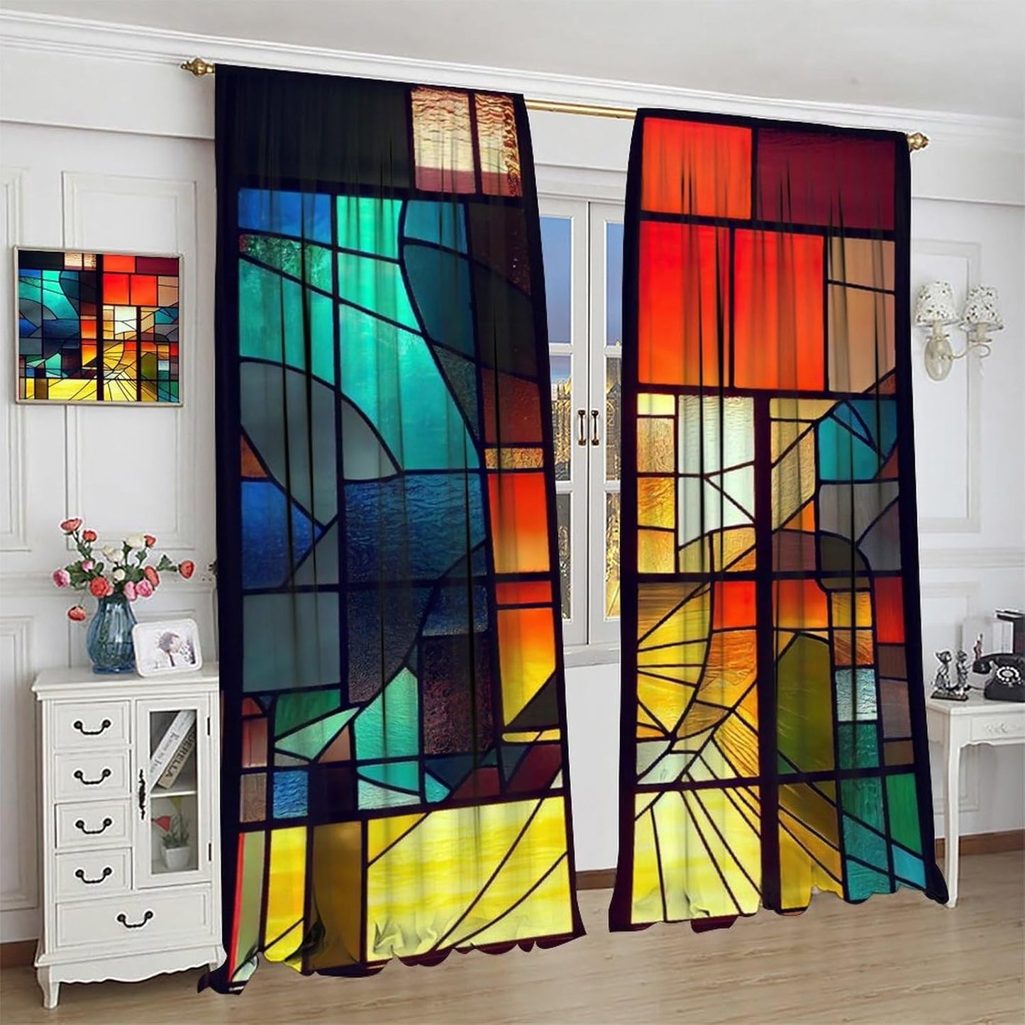 Stained Glass Curtains,Retro Abstract Colorful Geometry Textures Art Home Decor Drapes for Bedroom Living Room Kitchen Window Treatment 2 Panels Set Total Size 42" W X 63" L Inch