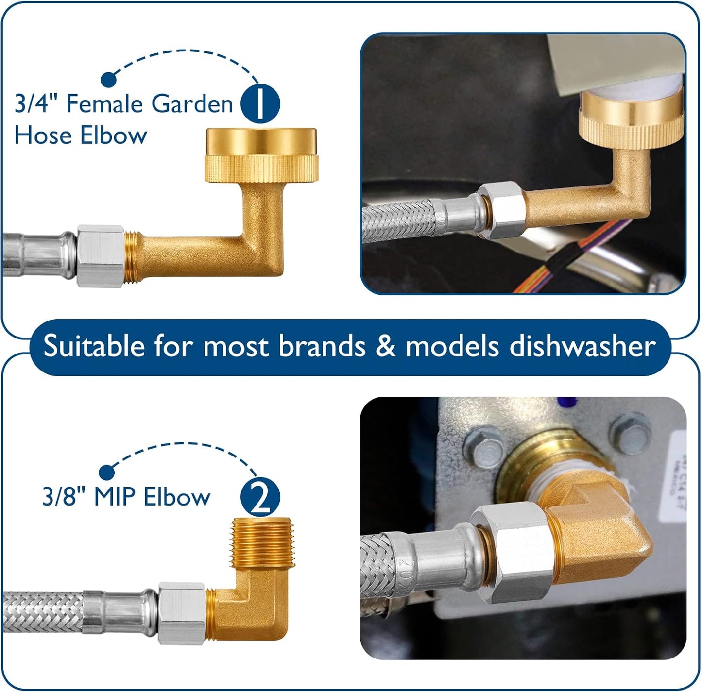 Dishwasher Installation Kit - 10 FT Stainless Steel Braided Dishwasher Hose kit,Food Grade PEX Inner Tube Water Line with 3/8"x 3/8"x 3/8" Tee Stop Valve,3/8"x 3/8"MIP Elbow,3/8"x 3/4"FHT Elbow