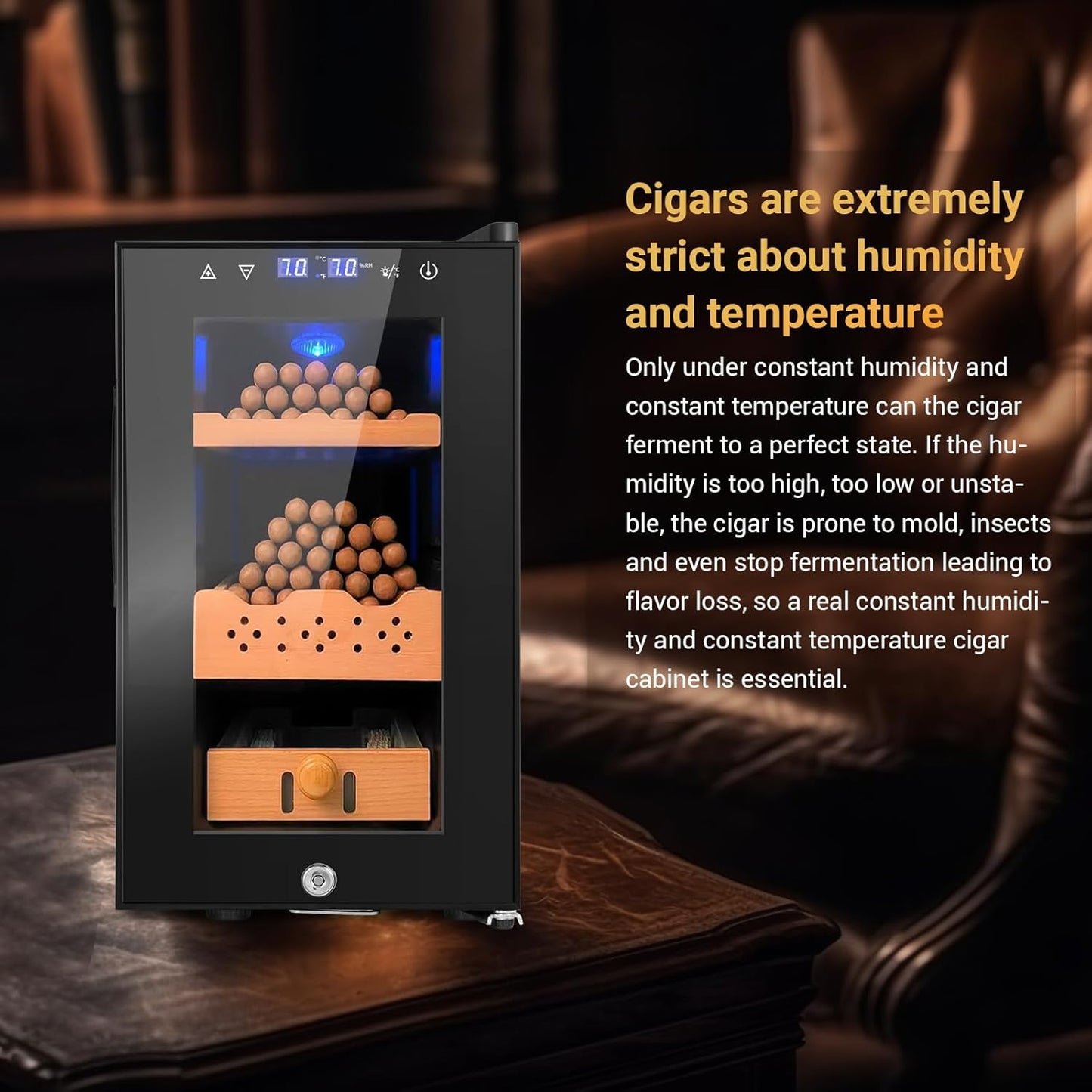 Electric Cigar Humidor, 25L 200 Counts Large Capacity,Thermostatic Electric Cooler Cabinet with Digital LED Screen, Safety Lock,Smart Humidity & Temp Control, Gifts for Men