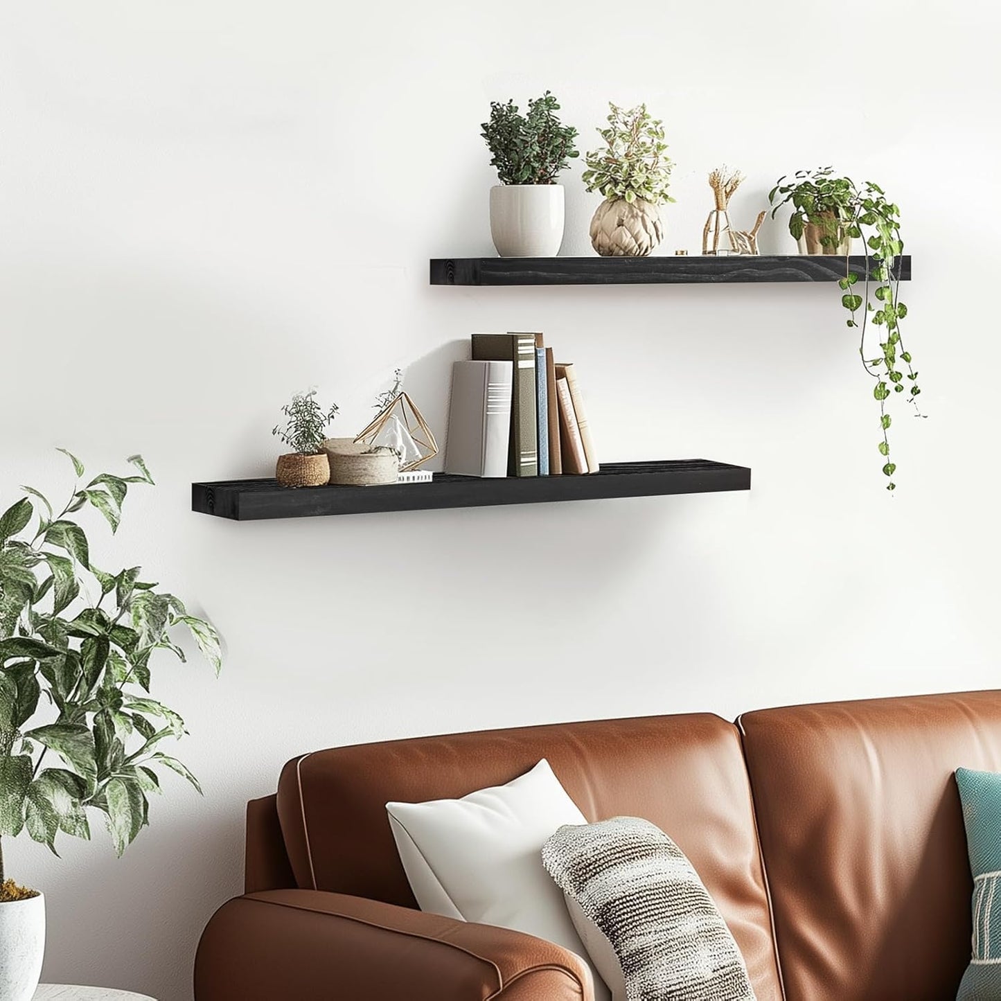 Floating Wall Shelves 2-Pack - Rustic Black 16-inch Wooden Wall Shelves for Storage and Décor, Multi-Functional and Easy to Install for Living Room, Bedroom, and Kitchen