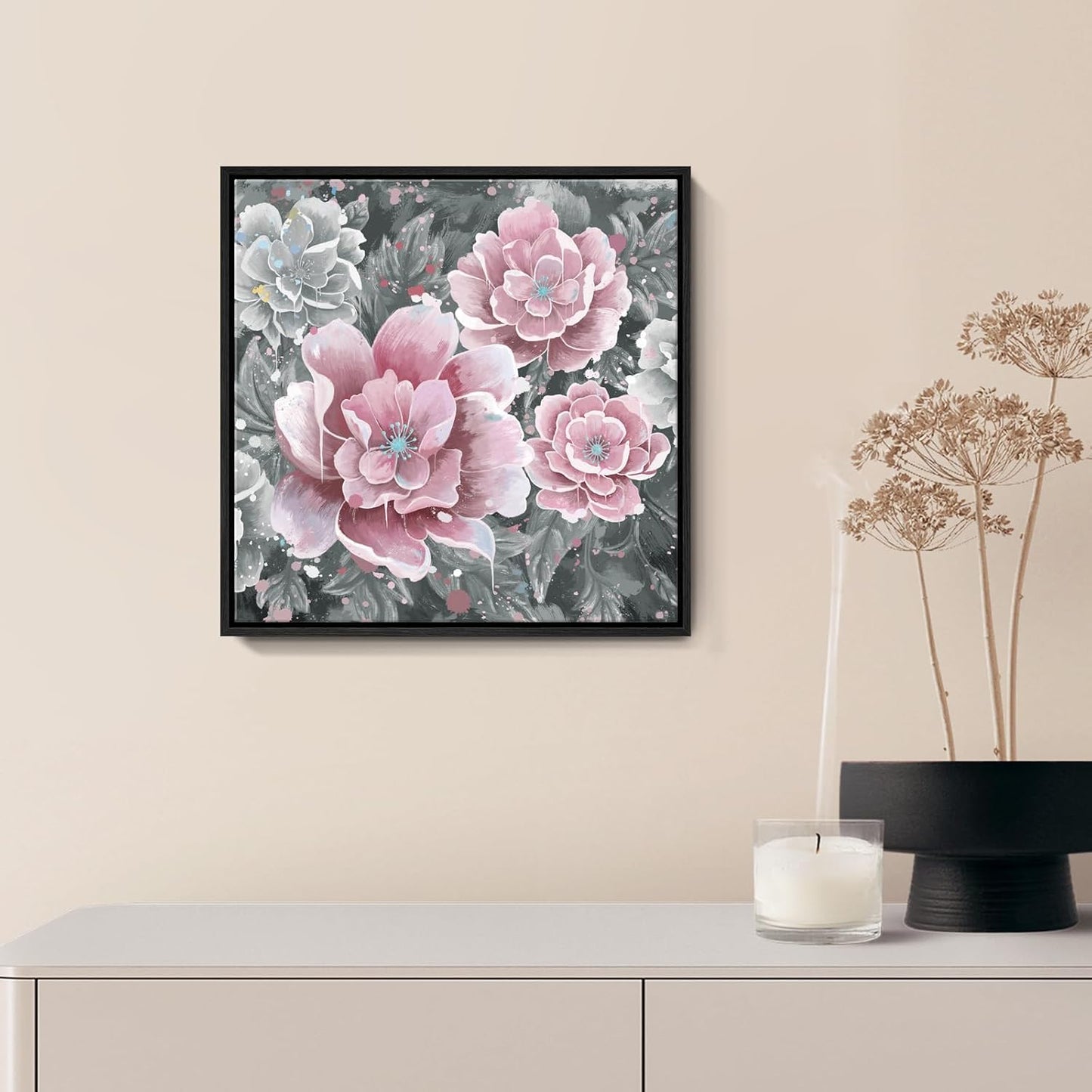 Pink Wall Art Bathroom Décor Modern Framed Floral Wall Picture Black and White Artwork Peony Flower Canvas Print for Bedroom Office Dining Room Décor Small