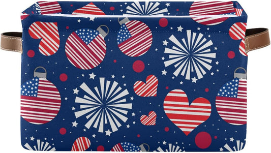 susiyo Fourth of July Basket American Independence Day Storage Box July 4th, American Flag with Hearts Fabric Storage Basket Organizer Bag with Handles
