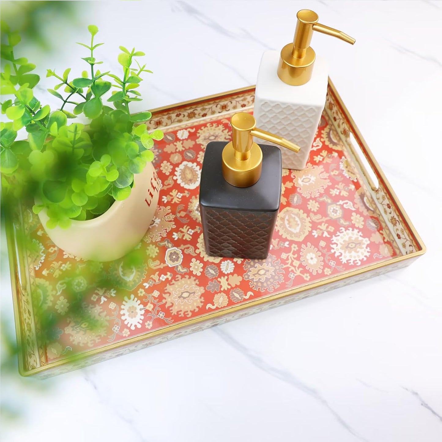 Spsyrine Serving Tray, Plastic Rectangular Coffee Table Tray with Handles, Modern Decorative Tray for Living Room, Ottoman, Home Decor, 15.6” X 10.2"