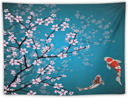 Houselerax Japanese Koi Fish Tapestry, Cherry Blossoms Asian Oriental Green Teal Flower Branch Koi Fish Carp Tapestries Wall Hanging for Bedroom Living Room Office Decor 80"x60"