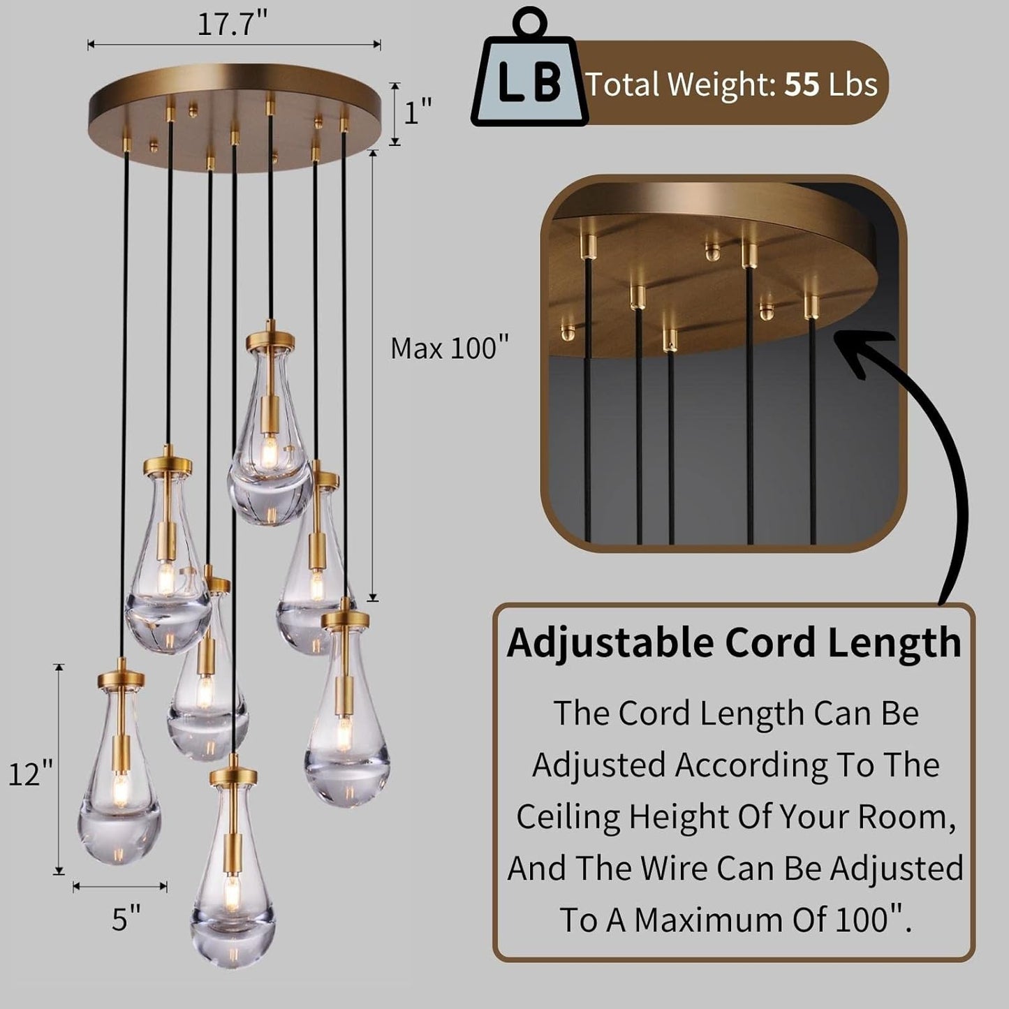 7 Light Raindrop Chandeliers, Brass Teardrop Cluster Pendant Lights Kitchen Island, Gold Dining Room Chandeliers Over Table Hanging Pendant Lighting for High Ceiling, Entryway Staircase