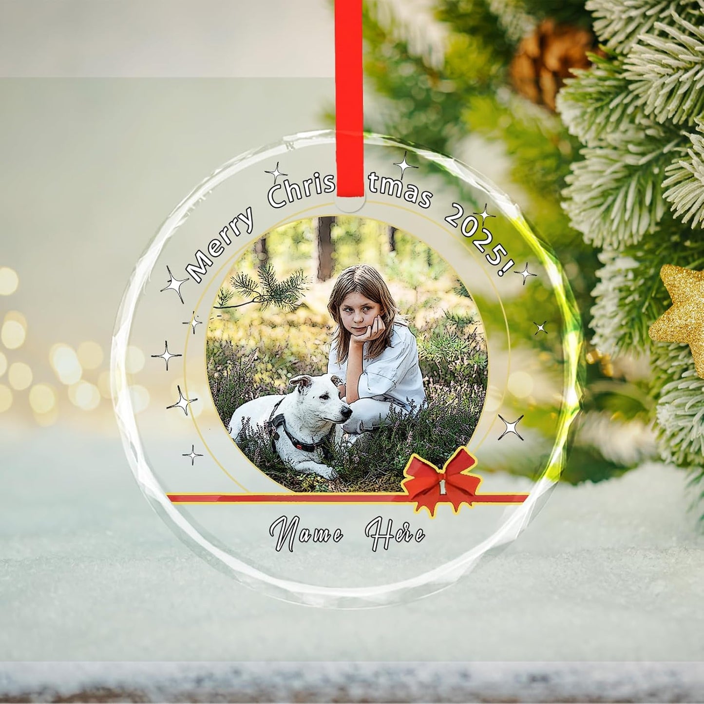 Personalized Christmas Ornaments, Custom Glass Ornament with Name/Photo/Text,Customized Christmas Tree Decor Gifts for Family, Dad, Mom, Him, Her, Couple, Red Ribbon