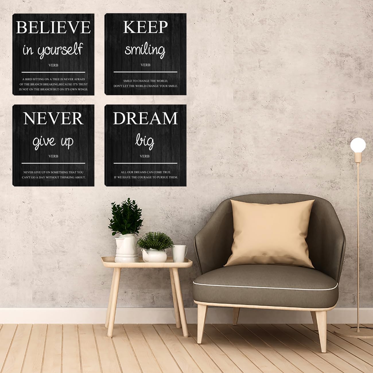 Motivational Wall Decor 4 Pieces Inspirational Wall Art Prints Motivation Positive Quote Poster Painting Picture Print Decoration for Men Teens Adults Living Room Office Classroom Decor 12”X12”X4