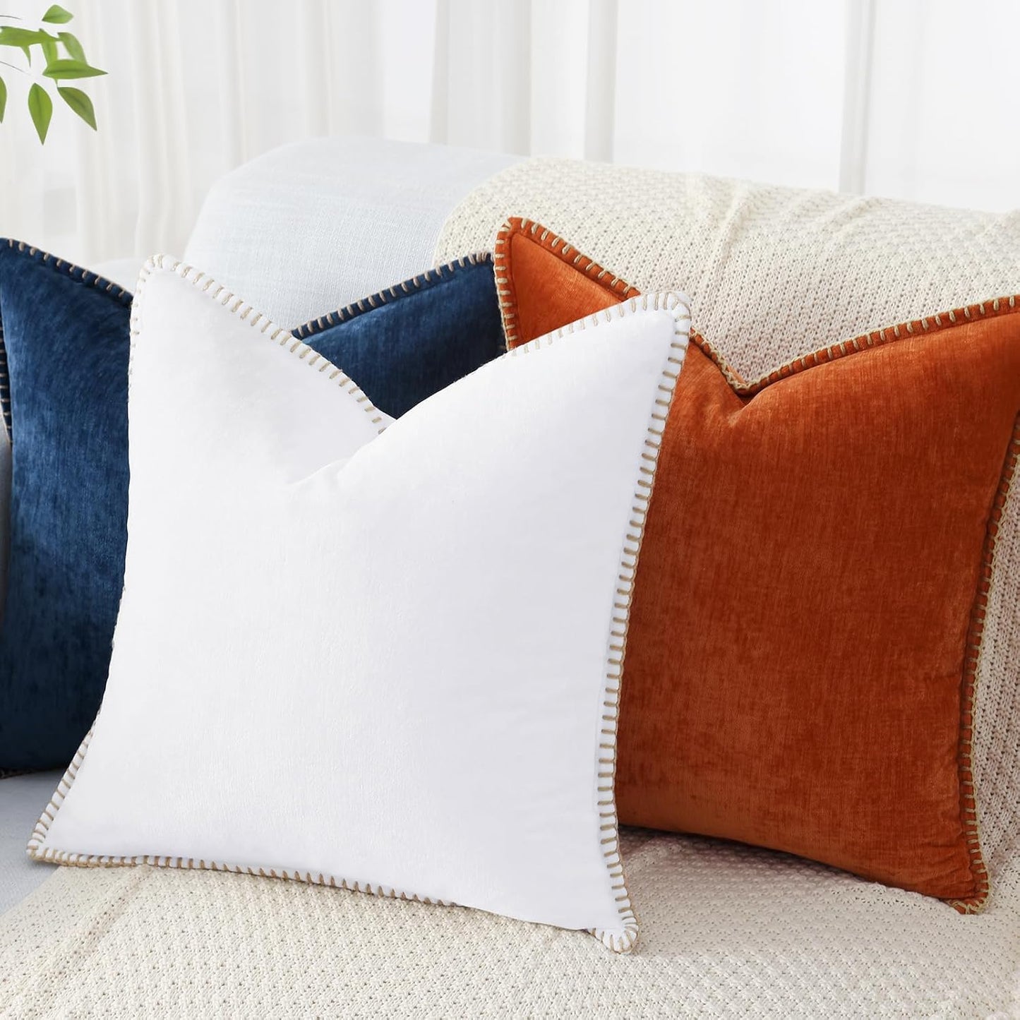 decorUhome Chenille Soft Throw Pillow Covers 18x18 Set of 2, Farmhouse Velvet Neutral Decorative Euro Pillow Covers with Stitched Edge for Couch Sofa Bed Home Decor, White