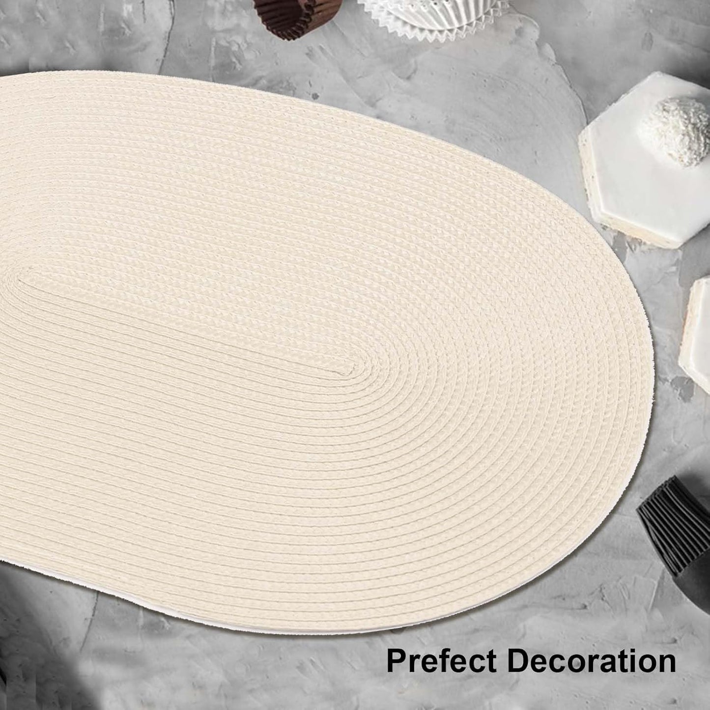 AHHFSMEI Placemats Set of 8 for Dining Table Washable Woven Vinyl Non-Slip 18x12 inches Placemat Heat-Resistant Durable Table Mats for Dining Table Easy to Clean (Oval Beige, 8)