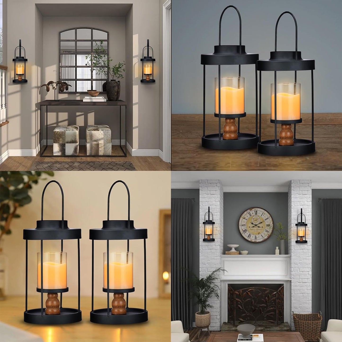 Metal Wall Sconce Candle Lantern Set of 2 - Black Wall Mounted Wood and Metal Hanging Holder with Glass & Candles Vintage Wall Decor for Porch, Living Room, Dining Room, Bedroom Indoor Decor