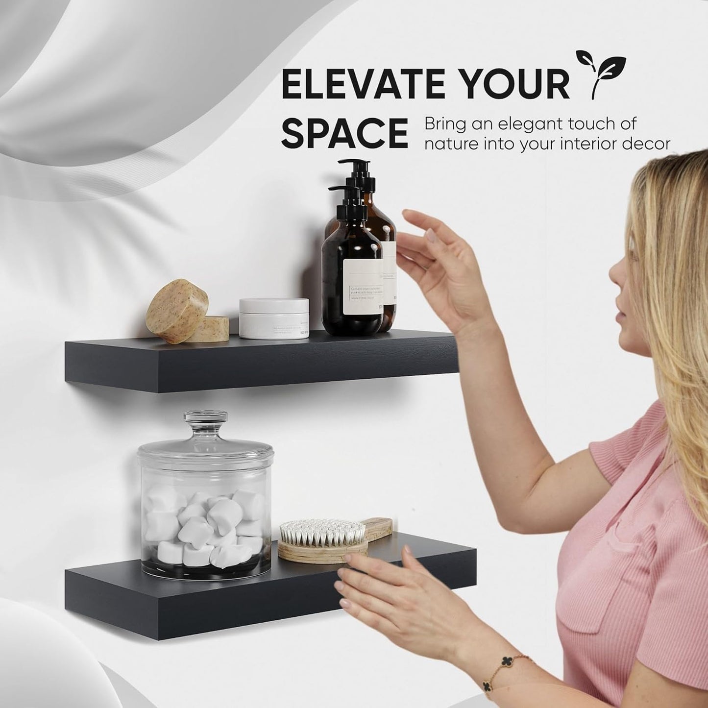 Homeforia 16 inch Black Floating Shelves, High End Solid Real Wood 16inch Bathroom Floating Shelves for Wall Mounted, 16in Wooden Small Floating Shelf, Heavy Duty Bracket, 16 X 6.5 X 1.75 in, Set of 4