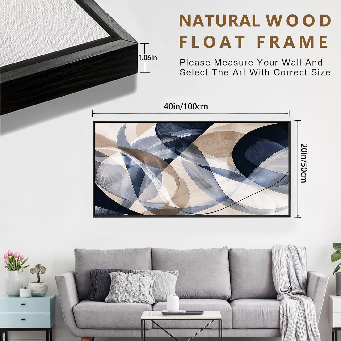 Modern Geometric Abstract Canvas Wall Art 40 x 20 inches Navy Blue and Beige Tones Canvas Painting Framed Home Artwork Living Room Decor for Bedroom Office Wall Decor