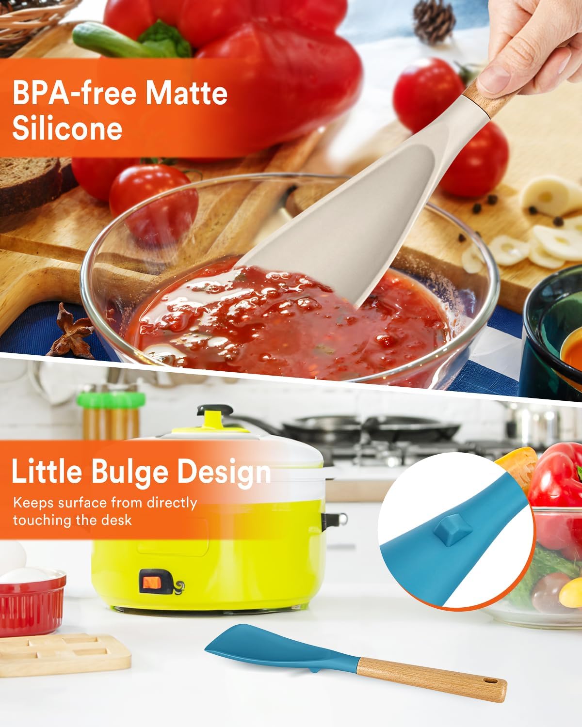 Cooking Spoon for Nonstick Cookwares, Great for Cooking and Serving Sturdy BPA-Free Matte Silicone, Wood Handle Spoon for Mixing, Scoop, and Scrape (Khaki & Turquoise, 13.4 inch)