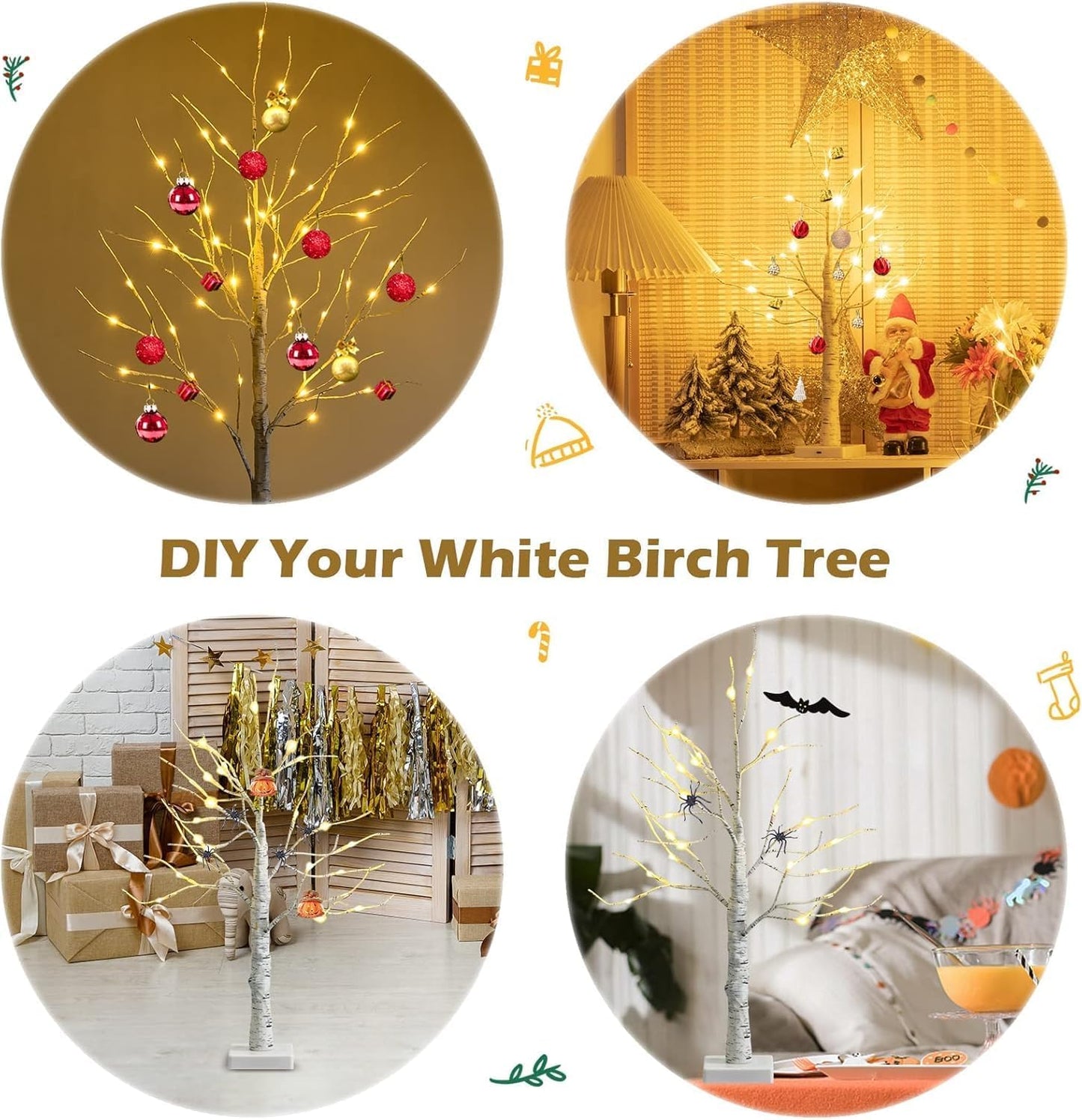 2FT Fairy Birch Tree with 24 LED Lights Artificial Tree Lamp with Timer for Easter Christmas Decoration Light Spirit Tree USB/Battery Powered Branch Trees for Party Wedding Home (24 LED Light)