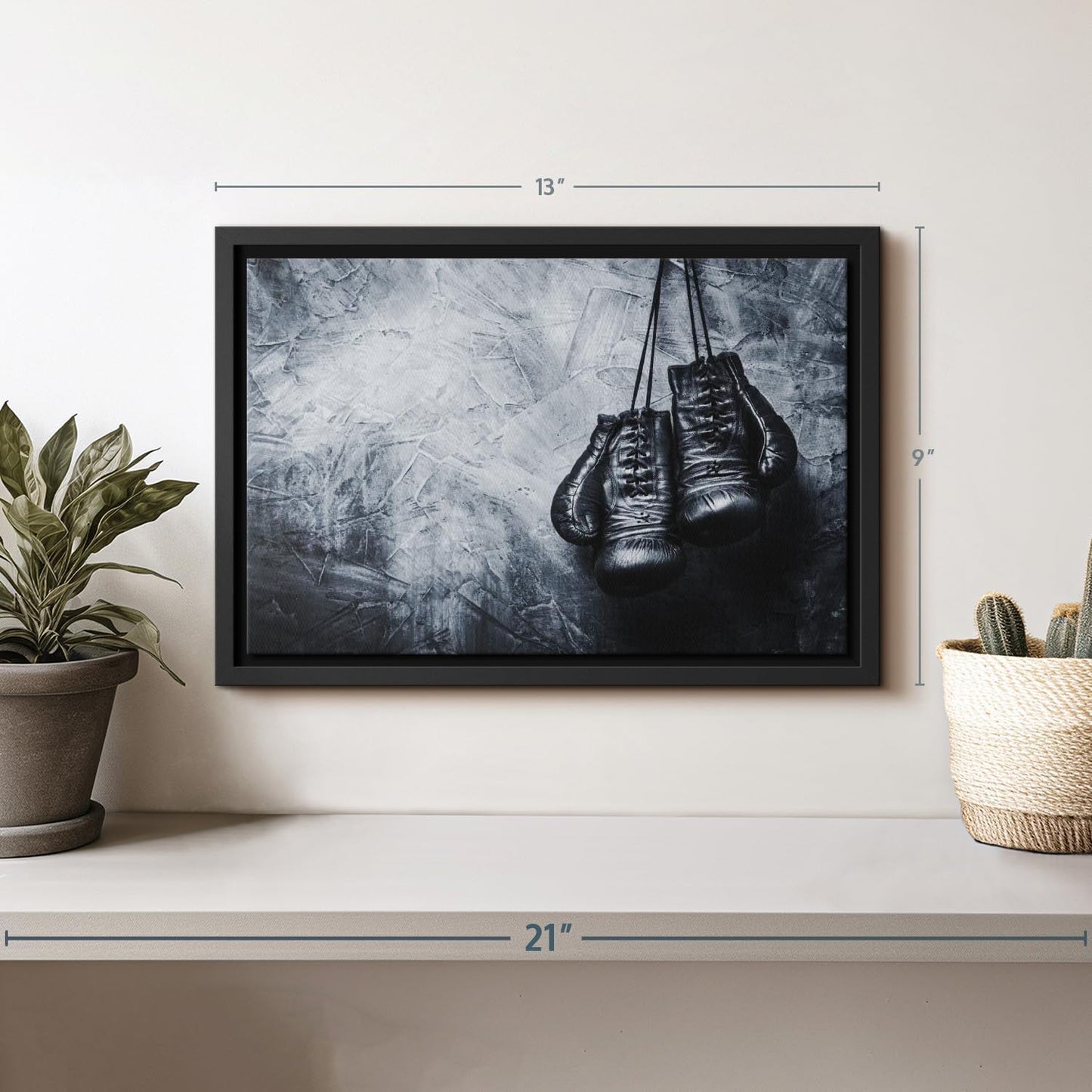 ElephantStock Boxing Gloves Wall Art - Horizontal Framed Canvas - 1-Piece Living Room Wall Decor - Photography Sports Canvas Print - Black and Gray Decor for Wall - 13" X 9"