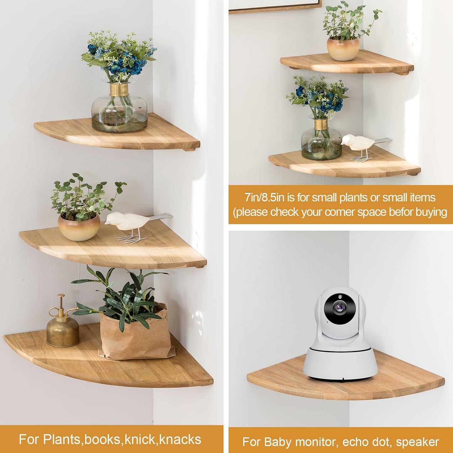Corner Shelf, 12inch Solid Oak Wood Floating Corner Shelves Wall Mount Round End Floating Speaker Shelf with Wire Hole for Small Plant Photo Frame for Bedroom Kitchen, Living Room