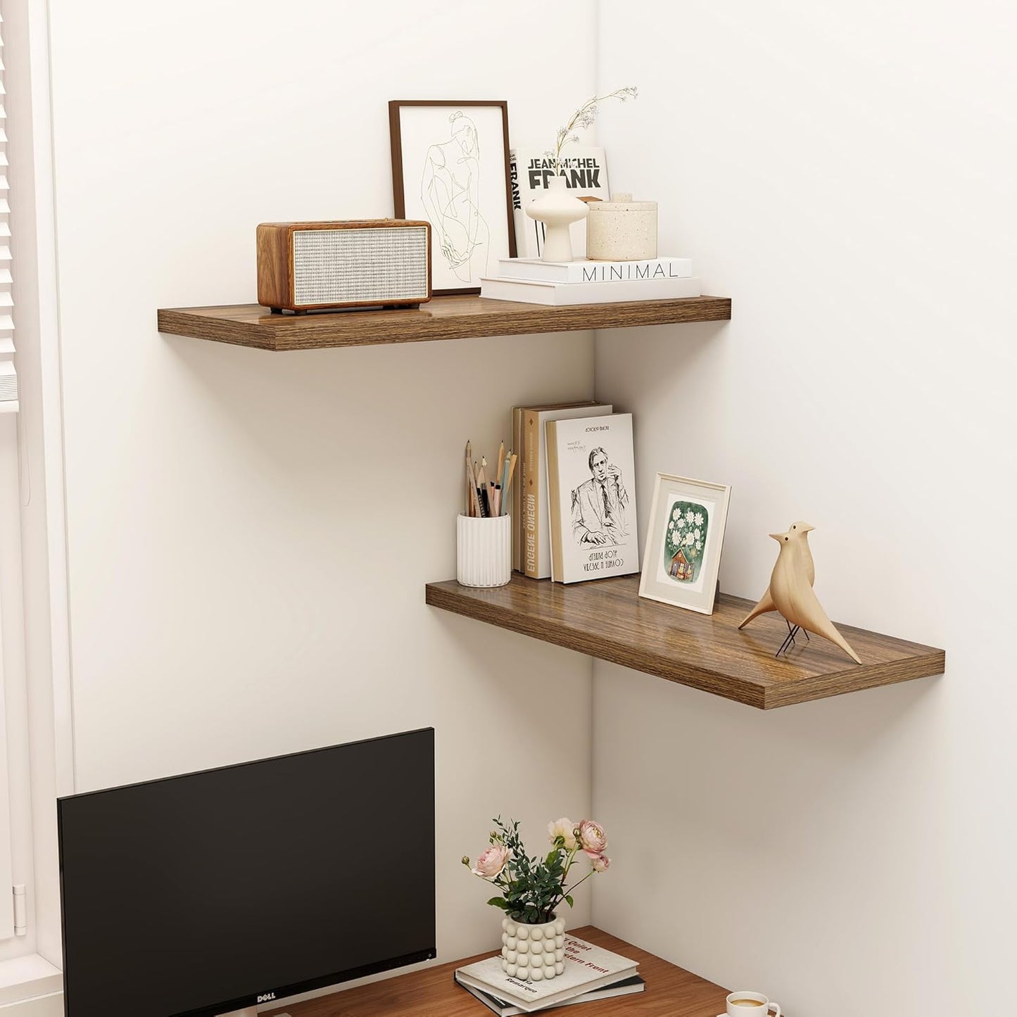 32" Floating Shelves for Wall, 12" Deep Slim Walnut Floating Shelves, Wall-Mounted Shelves for Bedroom, Living Room, Kitchen, Bathroom - Set of 2