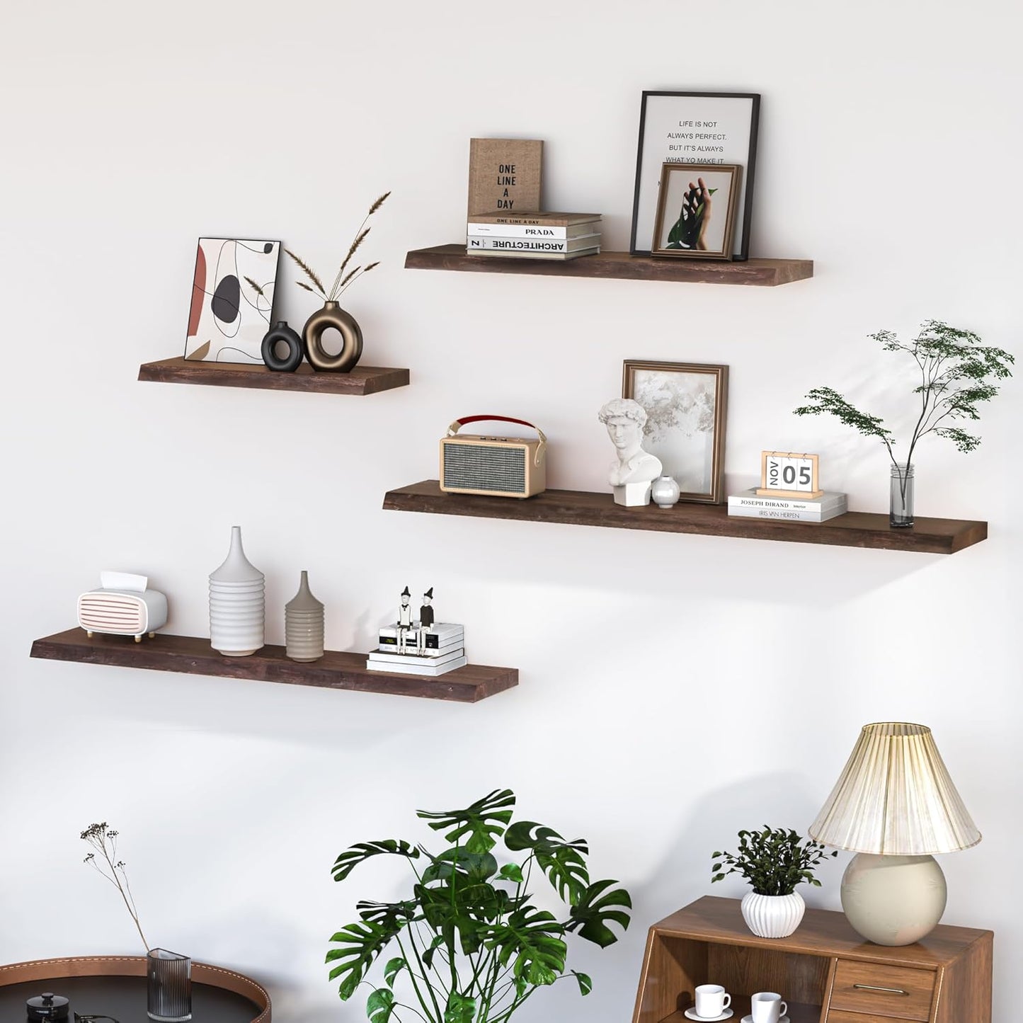 Floating Shelves for Wall, 48"x9.3" Rustic Solid Live-Edge Elm Wood Wall Shelves, Heavy-Duty Floating Shelves with Invisible Brackets, Set of 2 for Living Room, Bedroom, and Kitchen, Walnut Finish