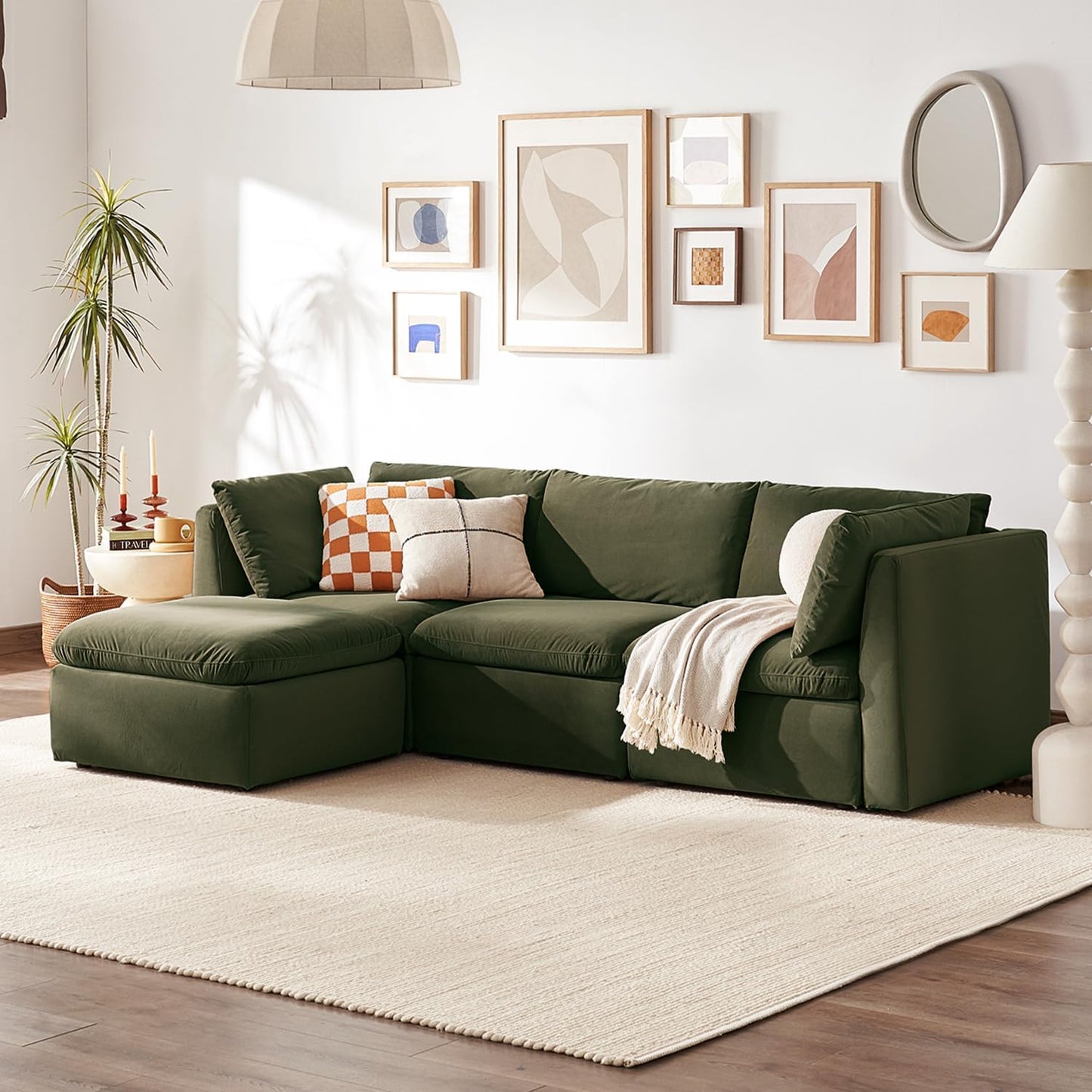mopio Oversized Modular Sectional Sofa with Fully Removable Covers and Storage, Convertible U, L-Shaped and Sleeper Sectional, Modern Couches with Ottoman Chaise (Olive Green Velvet, 4 Seats, L)