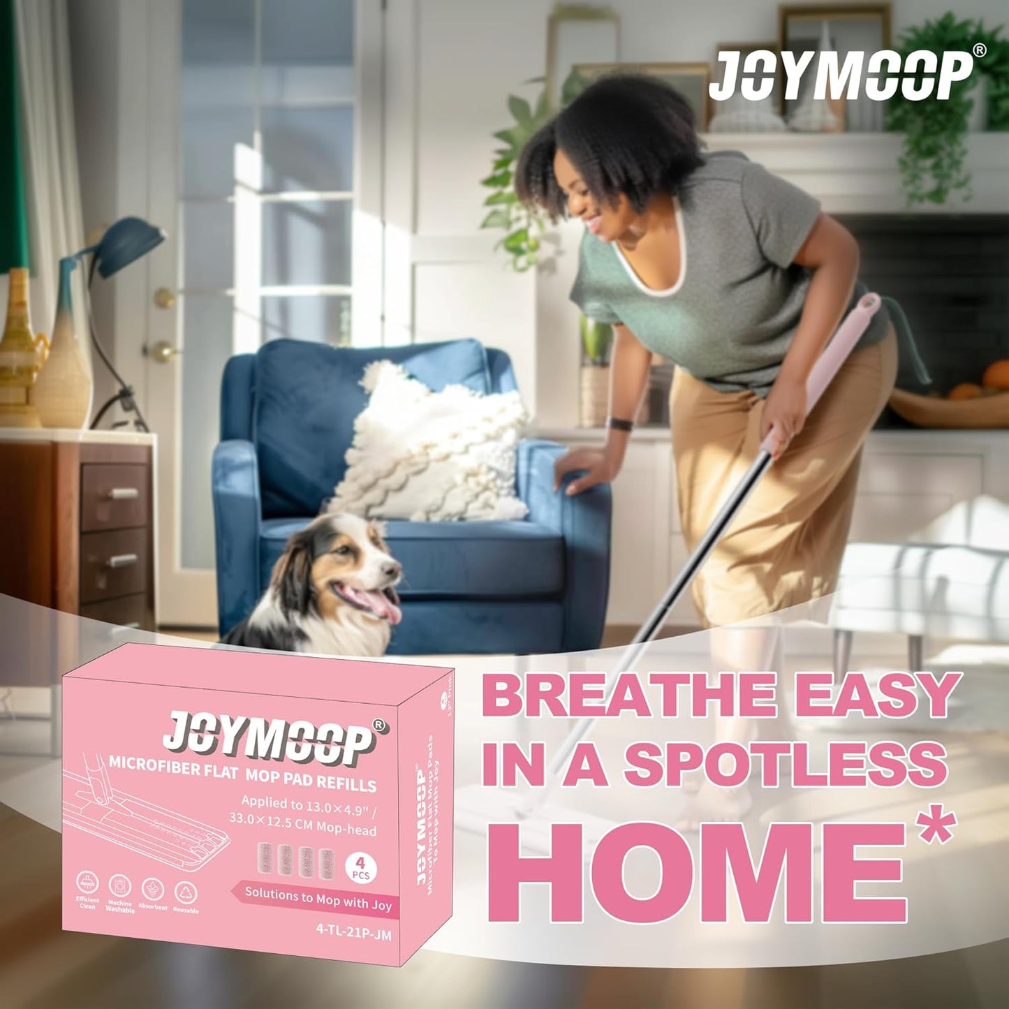 JOYMOOP Flat Mop Pads, Microfiber Mop Cleaning Pads, Washable Pads, Pads Replacement for Flat Mop or Mop Bucket Set, Pack of 4 Refills 13inch - Pink