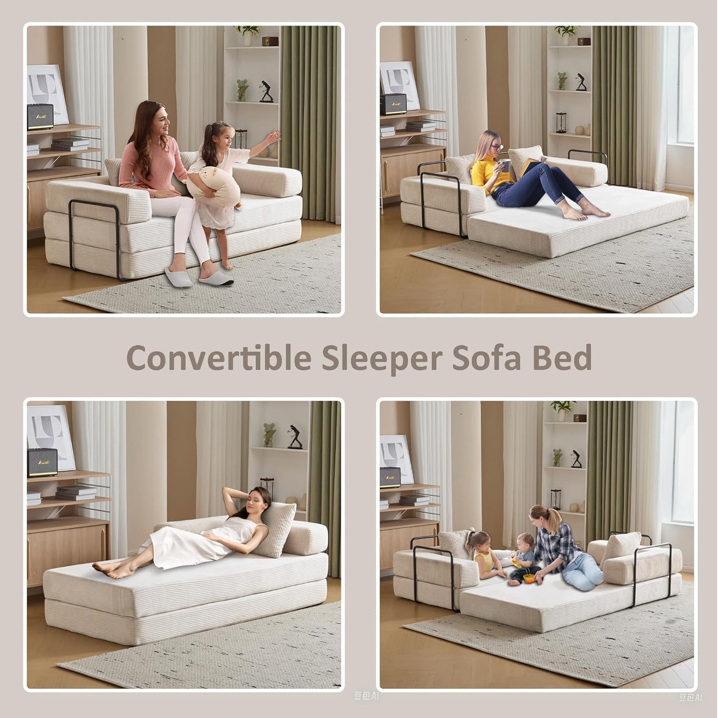 Convertible Sleeper Sofa Bed, Compression Folding Sofa with Pillow, No Assembly Required, Shape Frame, Floor Sofas Lounge Couch for Living Room, Bedroom, Small Spaces(Corduroy, 77''W, Off-white)