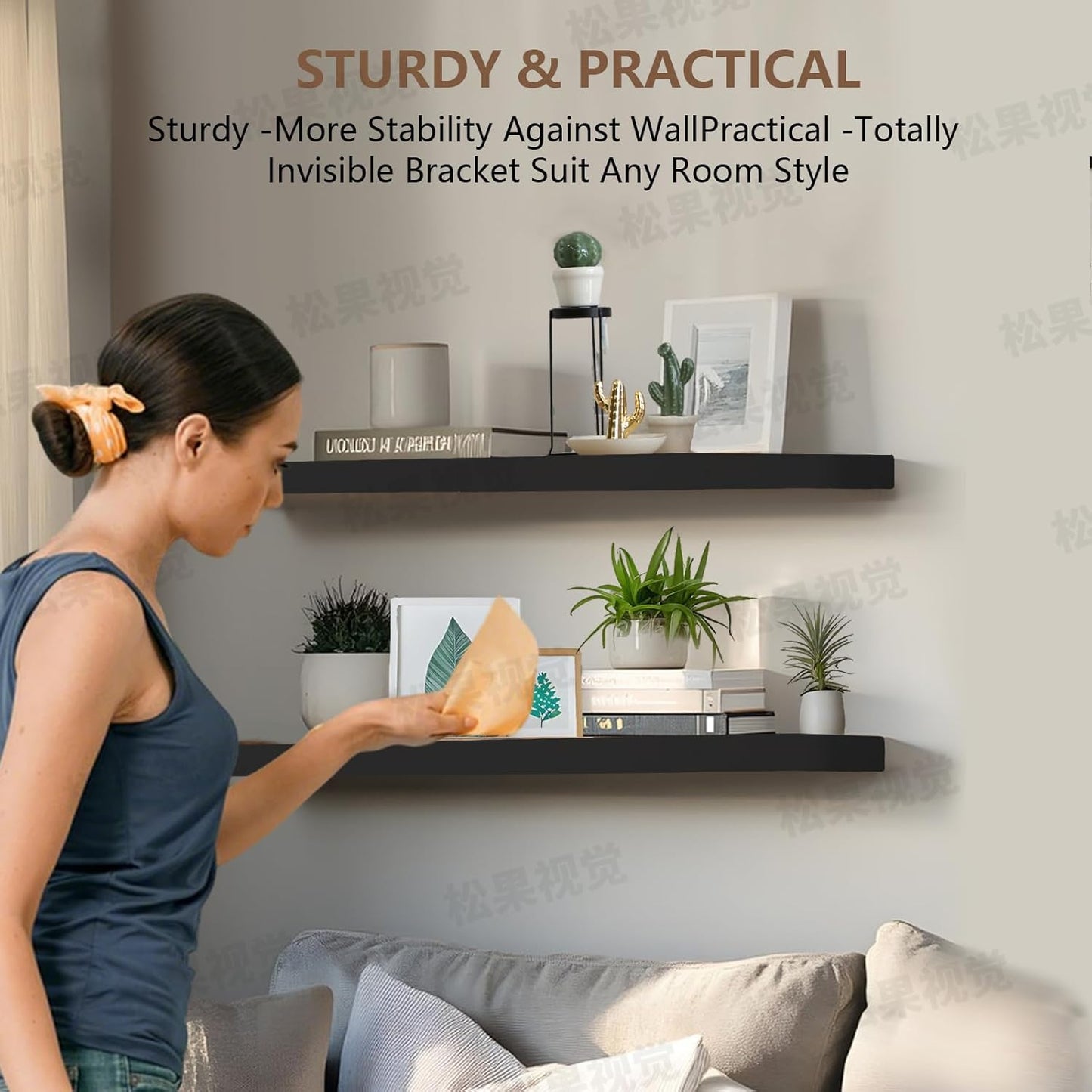 Solid Wood Floating Shelves Set of 2 - Natural, Warp & Crack Resistant 23.62 Inch Wall Shelf with Invisible Brackets Thicker, More Durable for Bathroom, Bedroom, Kitchen, Living Room (Black, 23.62)