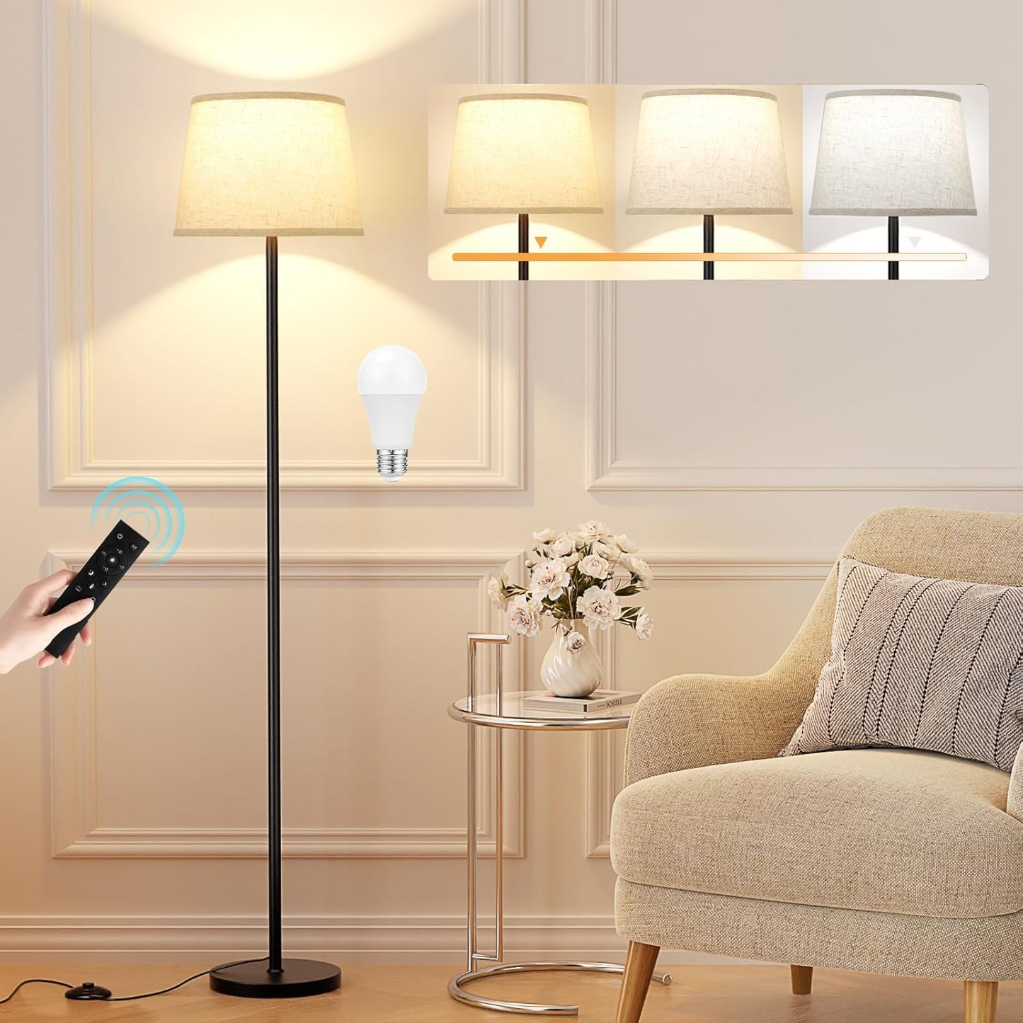 【Upgraded Floor Lamps for Living Room, Modern Floor Lamp with Remote Control, Dimmable Colors Temperature Standing Lamp Foot Switch, 9W LED Bulb Tall Lamps for Bedroom Office Kid Room