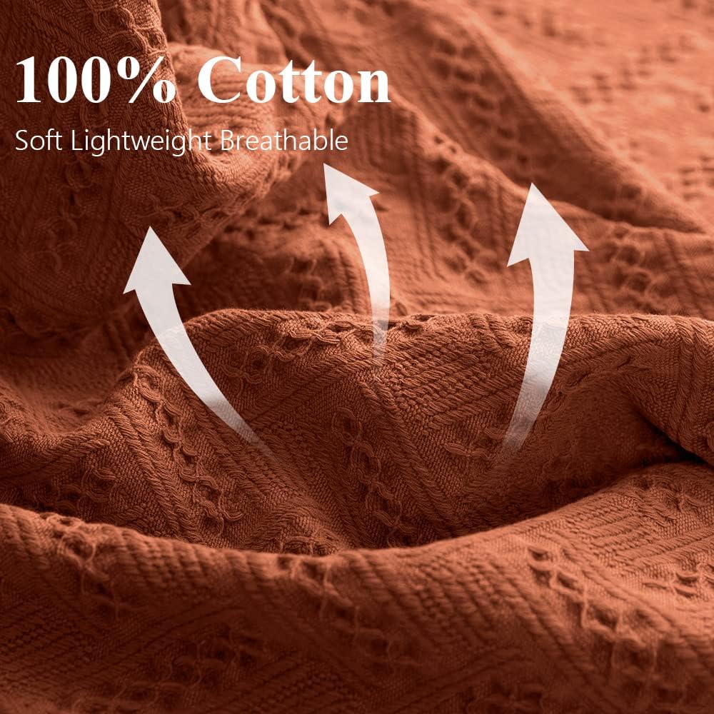 Simple&Opulence 100% Cotton Throw Blanket for Bed, Couch, Boho Luxury Geometric Woven Blanket with Tassels Soft Lightweight Cozy Breathable, Vintage Farmhouse Decoration for All-Season(Rust Orange)