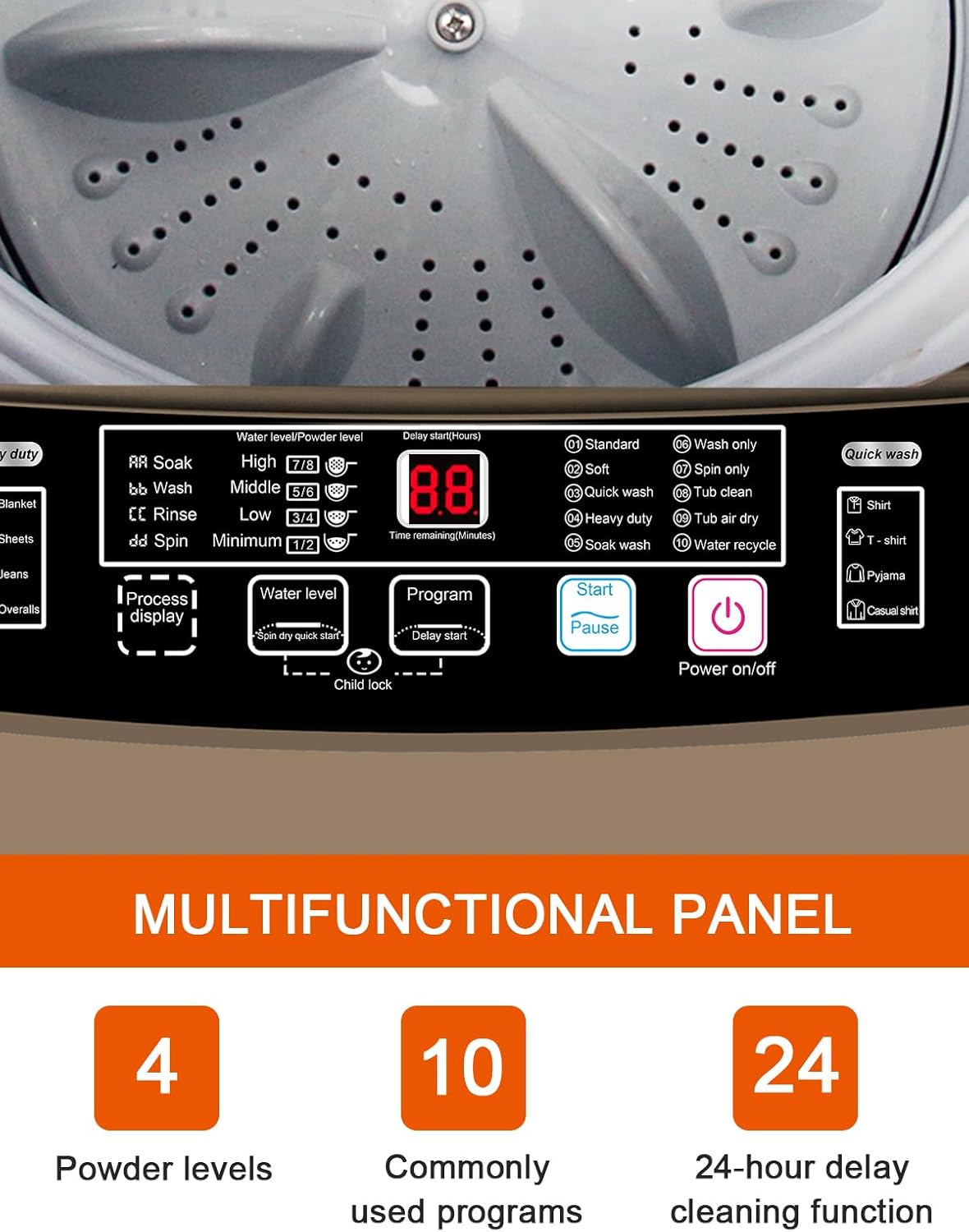 17.7 lbs Portable Washer Drain Pump, Full Automatic Washing Machine with LED Display, 10 Programs & 8 Water Levels Selections, Ideal for Camping, Apartment, Dorm, Glod