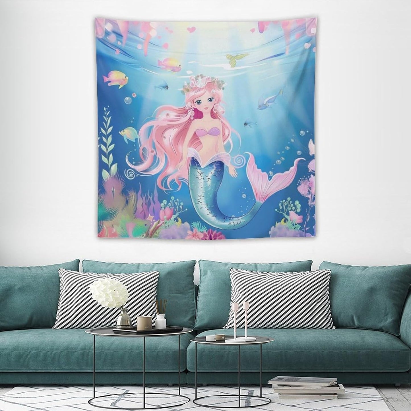 HZOHNAGO Mermaid Girls Tapestry Watercolor Mermaid Princess Pattern Printed Wall Tapestry Wall Hanging for Bedroom Living Room Dorm 60" W x 60" H