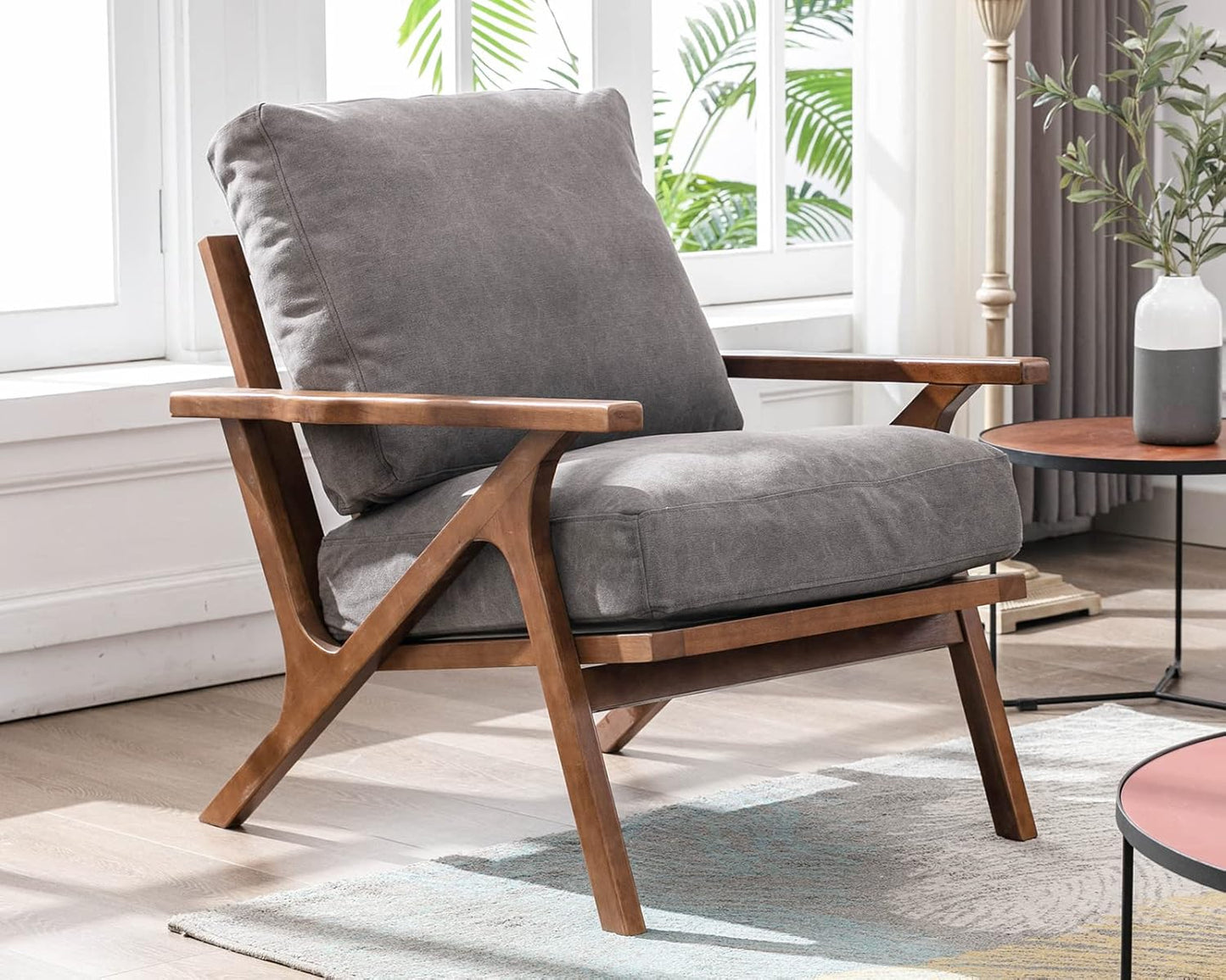 HNY Mid Century Arm Chair, Upholstered Accent Armchair with Wood Frame and Canvas Cushions, Leisure Reading Chair Slipper Chair for Living Room, Bedroom, Gray