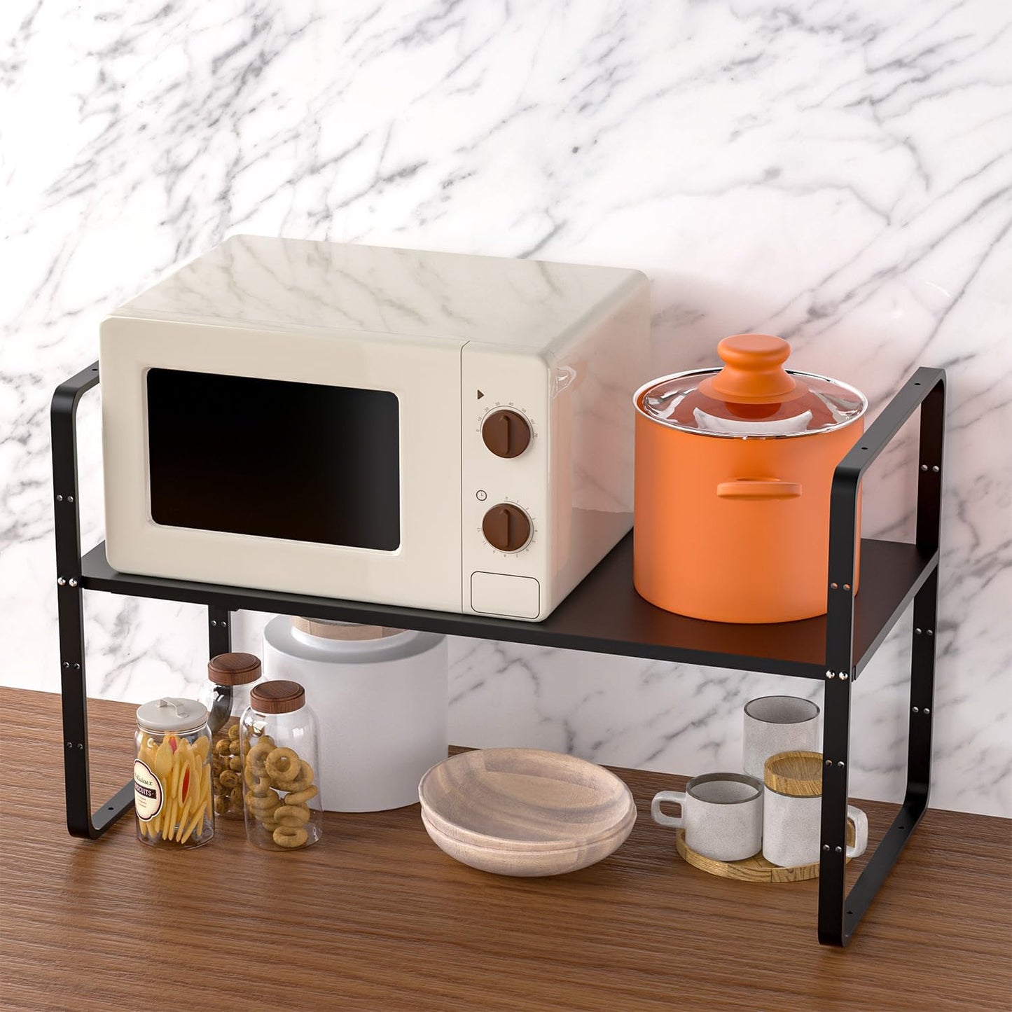 iPEGTOP Expandable Cabinet Storage Shelf Organizer Rack, Heavy Duty Steel Metal Spice Rack Adjustable Height Home Office Garage Pantry Shelves for Counter Kitchen Organization, Black, 2 Pack