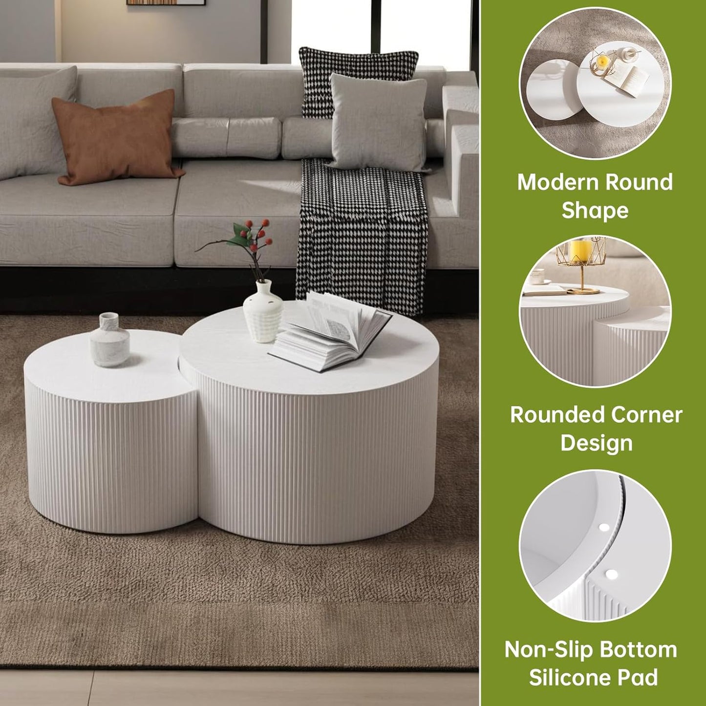 Round Nesting Coffee Table Modern White Fluted Coffee Table Set of 2 for Living Room Circle Drum Coffee Tables Round Nesting Tables Crescent Side Accent End Table for Small Space (White A 27in)