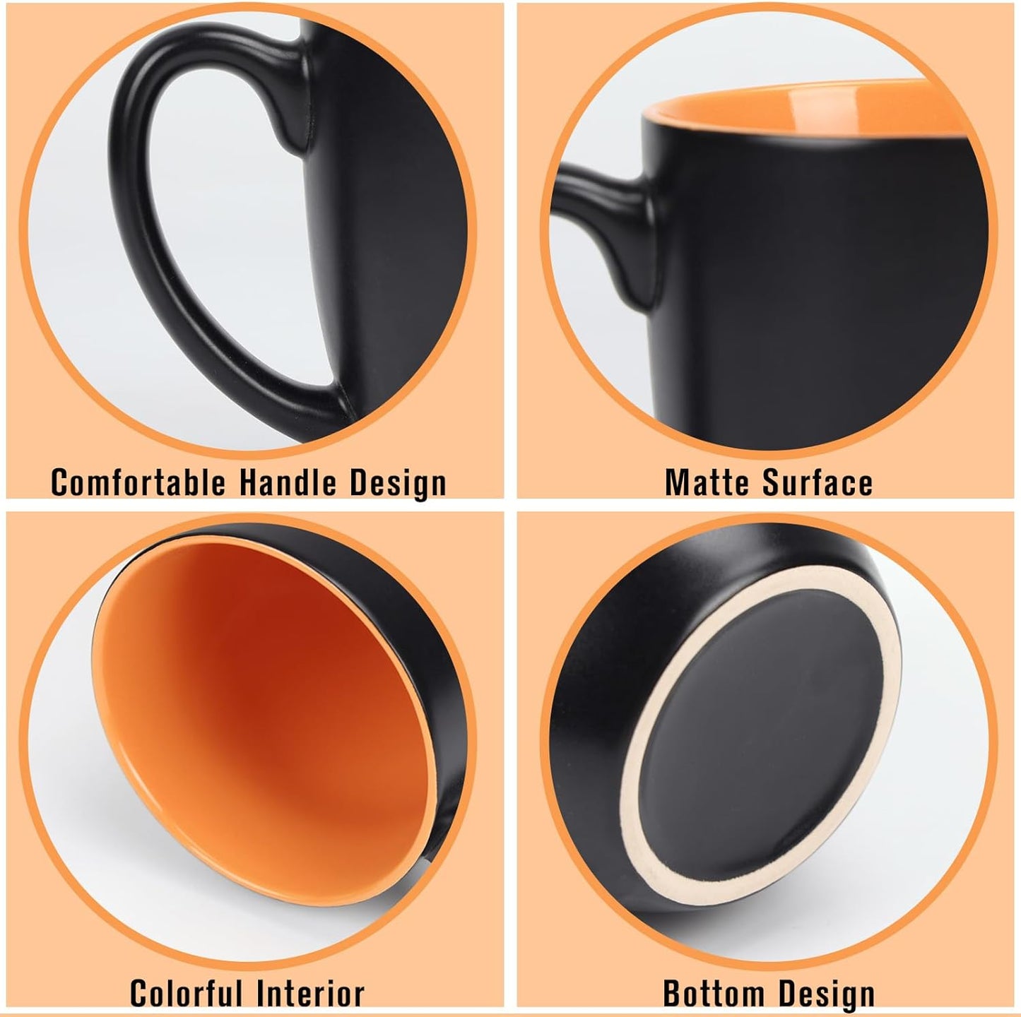 16 OZ Stoneware Coffee Mug Set of 6, Black Ceramic Mug with Different Color Inside, Colorful Porcelain Mug with Handle for Latte Espresso Cappuccino