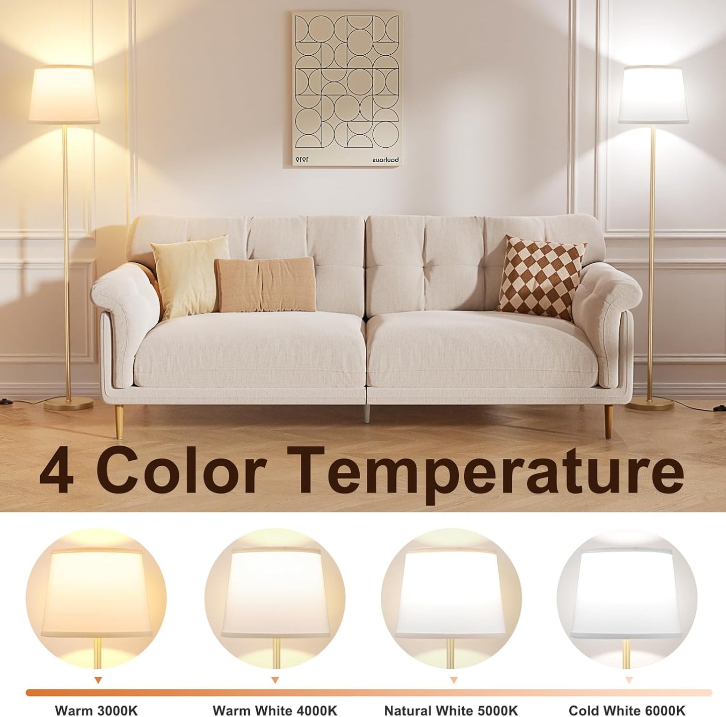 Floor Lamps for Living Room - Modern Gold Floor Lamp with Remote Control, Dimmable Colors Temperature Standing Lamp with LED Bulbs, Tall Lamp for Bedroom Office Kid Room - Brass Gold