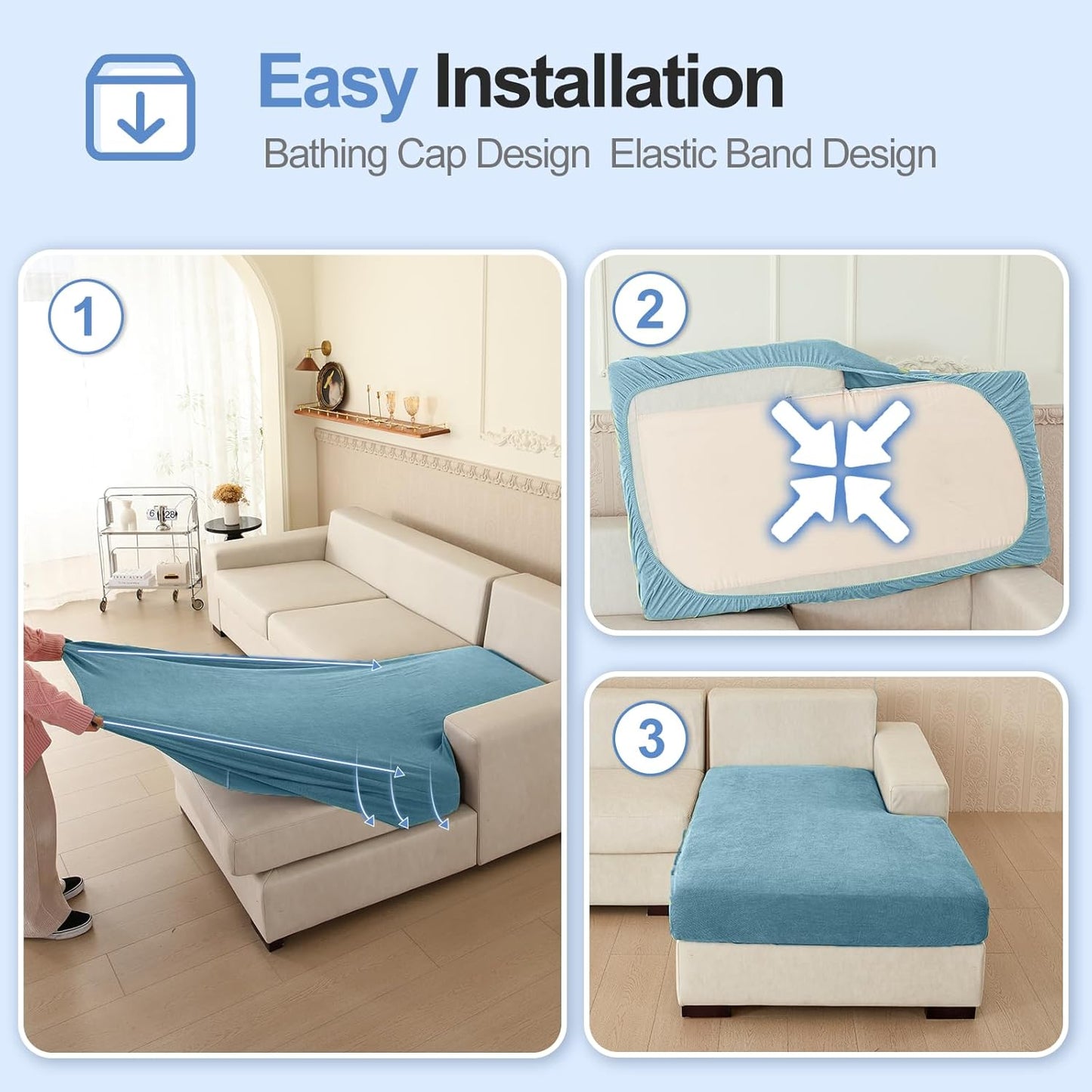 Sectional Couch Covers for L Shaped Sectional Sofa (Left or Right Facing) – Softer Chenille Sofa Covers Washable, Non-Slip Stretch Chaise Slipcover (Only 1PC Chaise Cushion Cover, Blue)