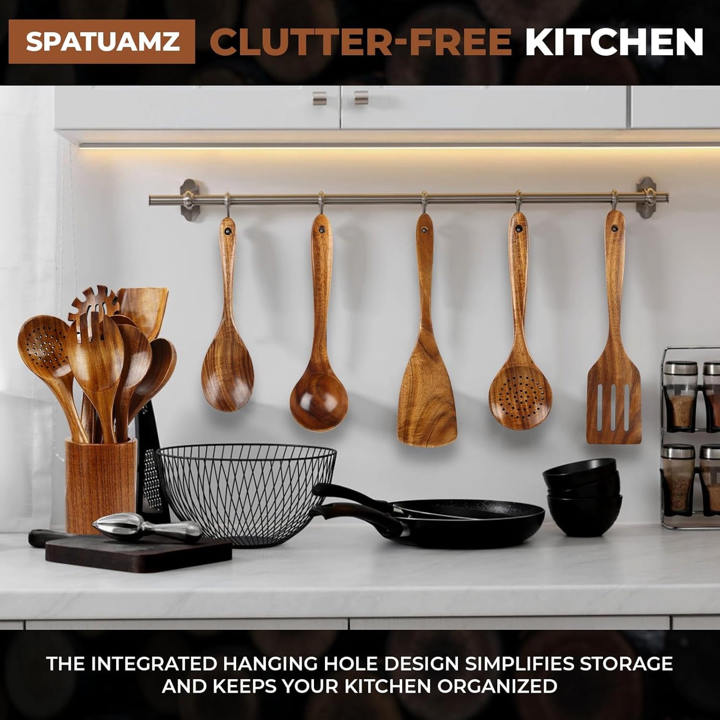 SPATUAMZ Teak Wood Spoons for Cooking, Elegant Wooden Cooking Set of 10, Excellent Kitchen Cooking Utensils Set for Home