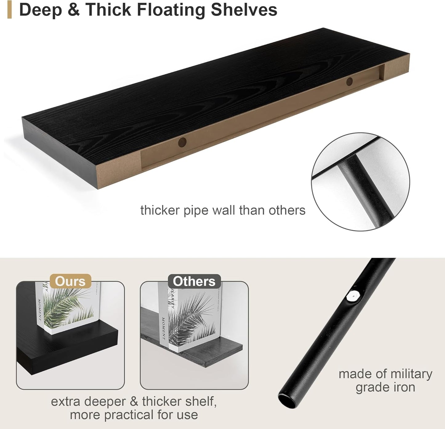 12" Deep Black Floating Shelves,Over Toilet Long Wall Mounted Modern Farmhouse 36 inches,Wall Shelves with Invisible Brackets for Bedroom, Bathroom, Living Room, Kitchen, Set of 1