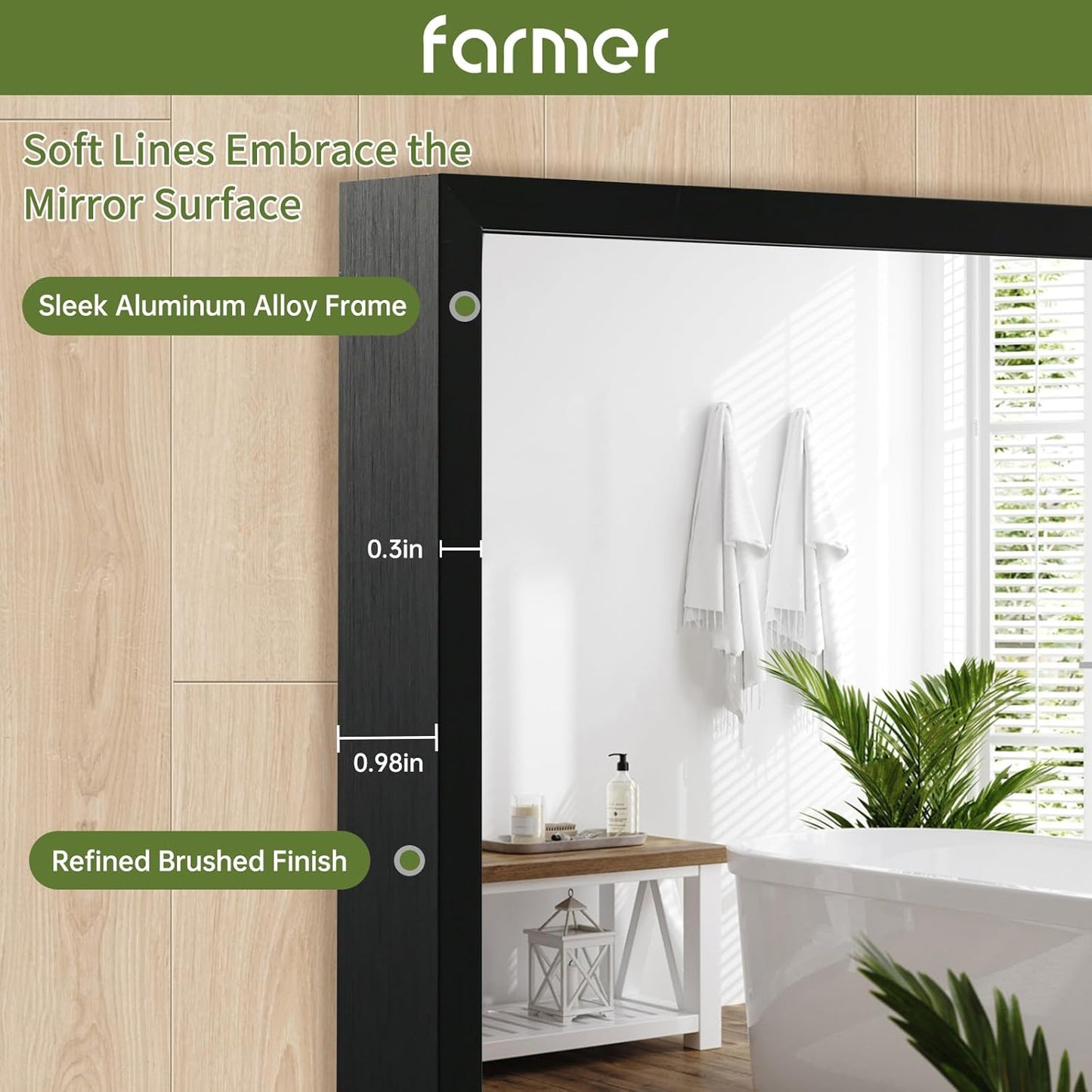 FARMER 20x30 Inch Black Bathroom Mirror, Rectangle Wall Mounted Mirror, Vanity Mirror, Brushed Square Mirror, Framed Bathroom Mirror for Bedrooms, Entryways, Living Rooms, Horizontal/Vertical