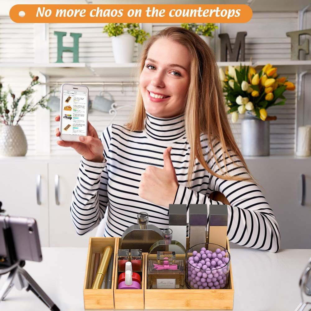 Bamboo Kitchen Drawer Organizer, Wooden Storage Box for Utensil Organizer Silverware Tray Cutlery Holder Flatware Containers - Multi-Use Deep Drawer Dividers Organizer for Bathroom, Jewelry, 9"3"2.5"