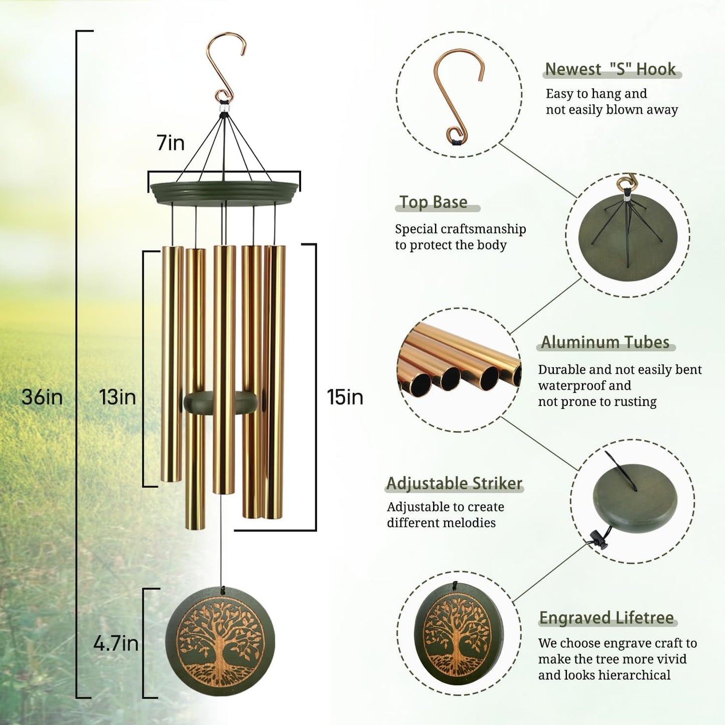 Memorial Wind Chimes for Outdoor & Gifts – Engraved Tree of Life, 36” Durable Metal Chimes with Soothing Melodies, Waterproof & Customizable Tones