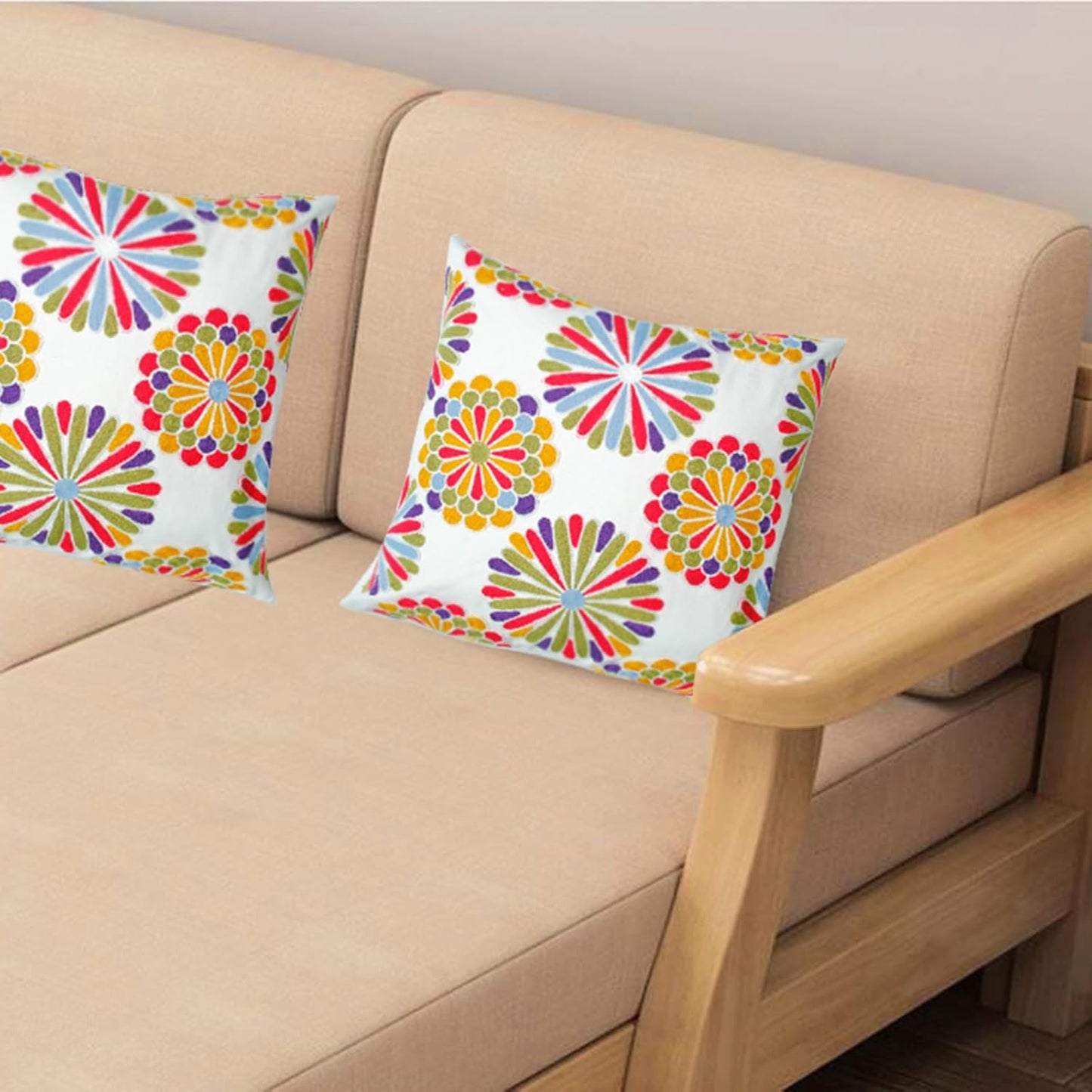 Embroidered Decorative Throw Pillow Cover, 18"x18" Set of 2, Farmhouse Pillowcase Colorful Knit Pattern Cotton Canvas Cushion Case Square Floral Pillow Case for Sofa Couch Bed Living Room