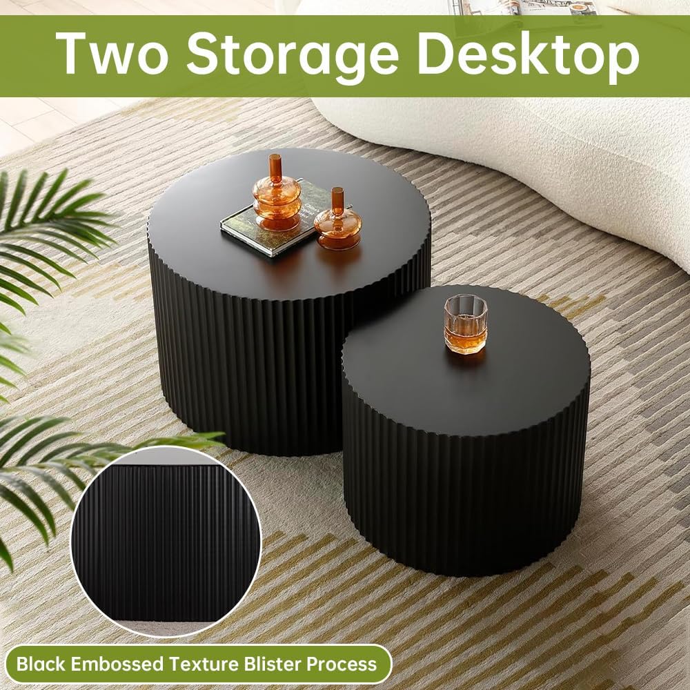 Round Nesting Coffee Table Modern Black Fluted Coffee Table Set of 2 Stripe Round Coffee Tables Circle Drum Coffee Tables Side Table Accent End Table for Living Room (Black Large)