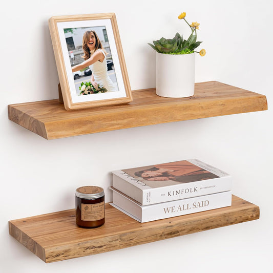 RICHFOCUS Live Edge Elm Floating Shelves - 24" W x 9.3" D Rustic Solid Wood Wall Shelves with Invisible Bracket, Wall-Mounted for Living Room, Bedroom, Kitchen Storage & Display, Set of 2, Natural