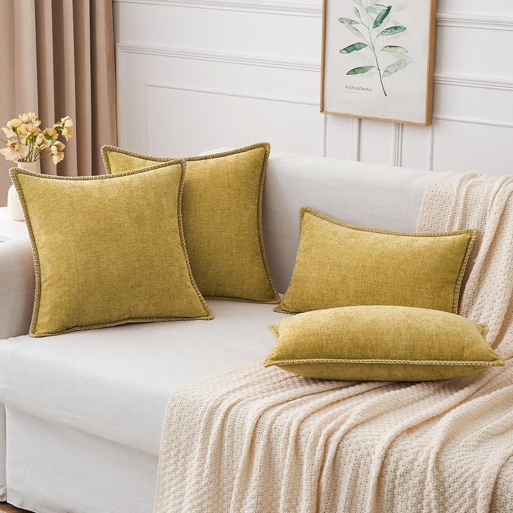 MIULEE Pack of 2 Couch Throw Pillow Covers 18x18 Inch Mustard Yellow Farmhouse Decorative Pillow Covers with Stitched Edge Soft Chenille Solid Dyed Fall Pillow Covers for Sofa Bed Living Room