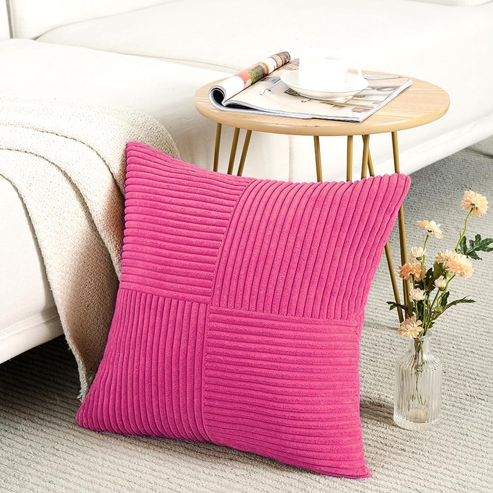 Fancy Homi 2 Packs Hot Pink Decorative Throw Pillow Covers 18x18 Inch for Living Room Couch Bed Sofa, Rustic Farmhouse Boho Home Decor, Soft Corss Corduroy Patchwork Textured Cushion Case 45x45 cm