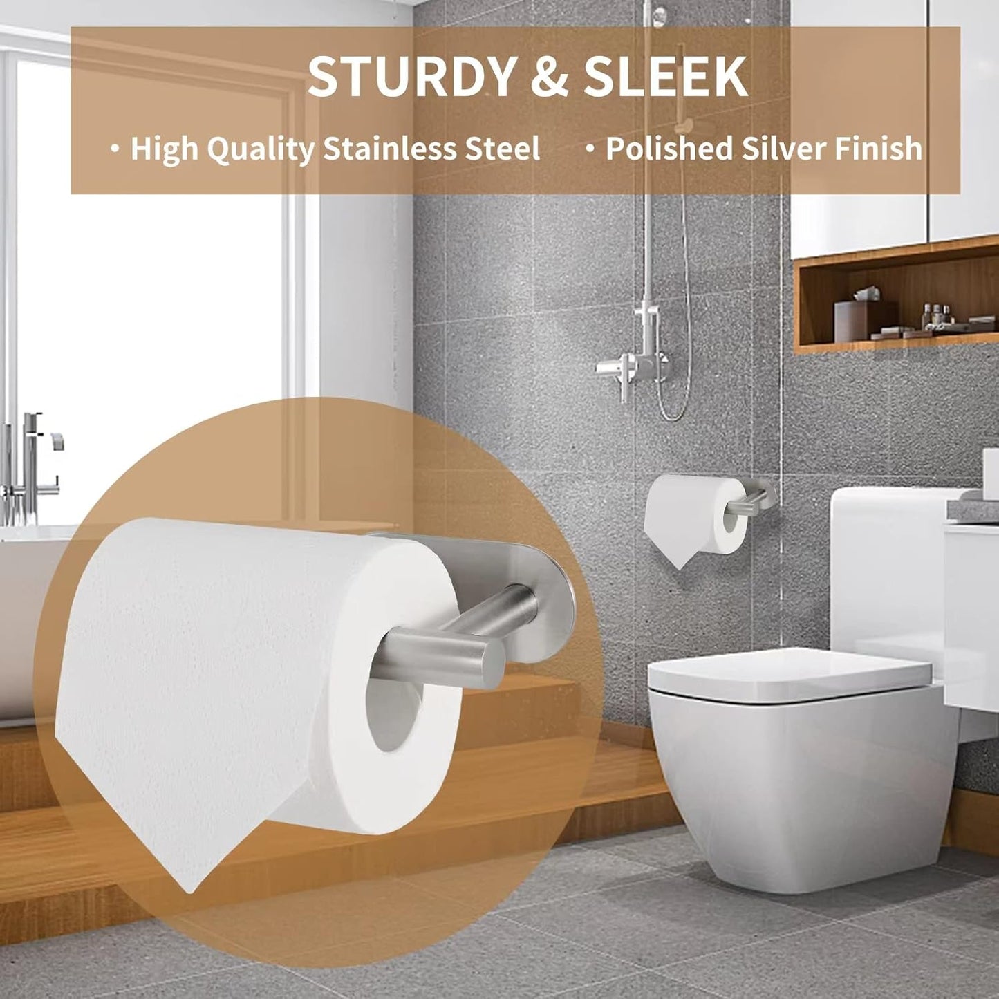 Toilet Paper Holder,Brushed Nickel,Wall Mount, Upgraded Adhesive Toilet Roll Holder,no Drilling,Bathroom/Rv/Washroom,SUS 304 Stainless Steel,Rustproof (Silver, 2 Pieces)