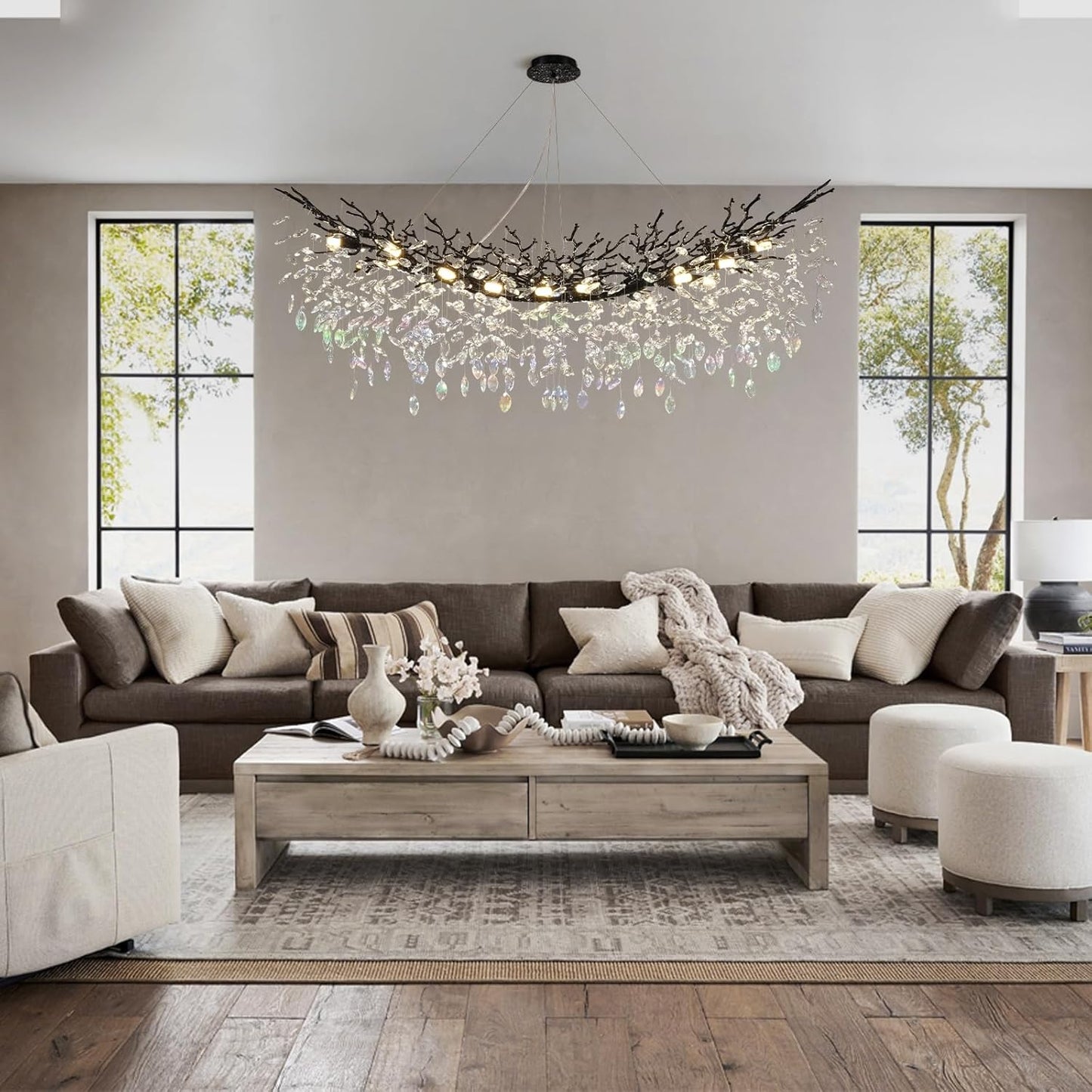 Modern Black Rectangle Crystal Tree Branch Chandelier, 55" 16-Light K9 Crystal Chandeliers for Dining Room, Rectangular Dining Room Chandelier Over Table,for High Ceiling,Kitchen