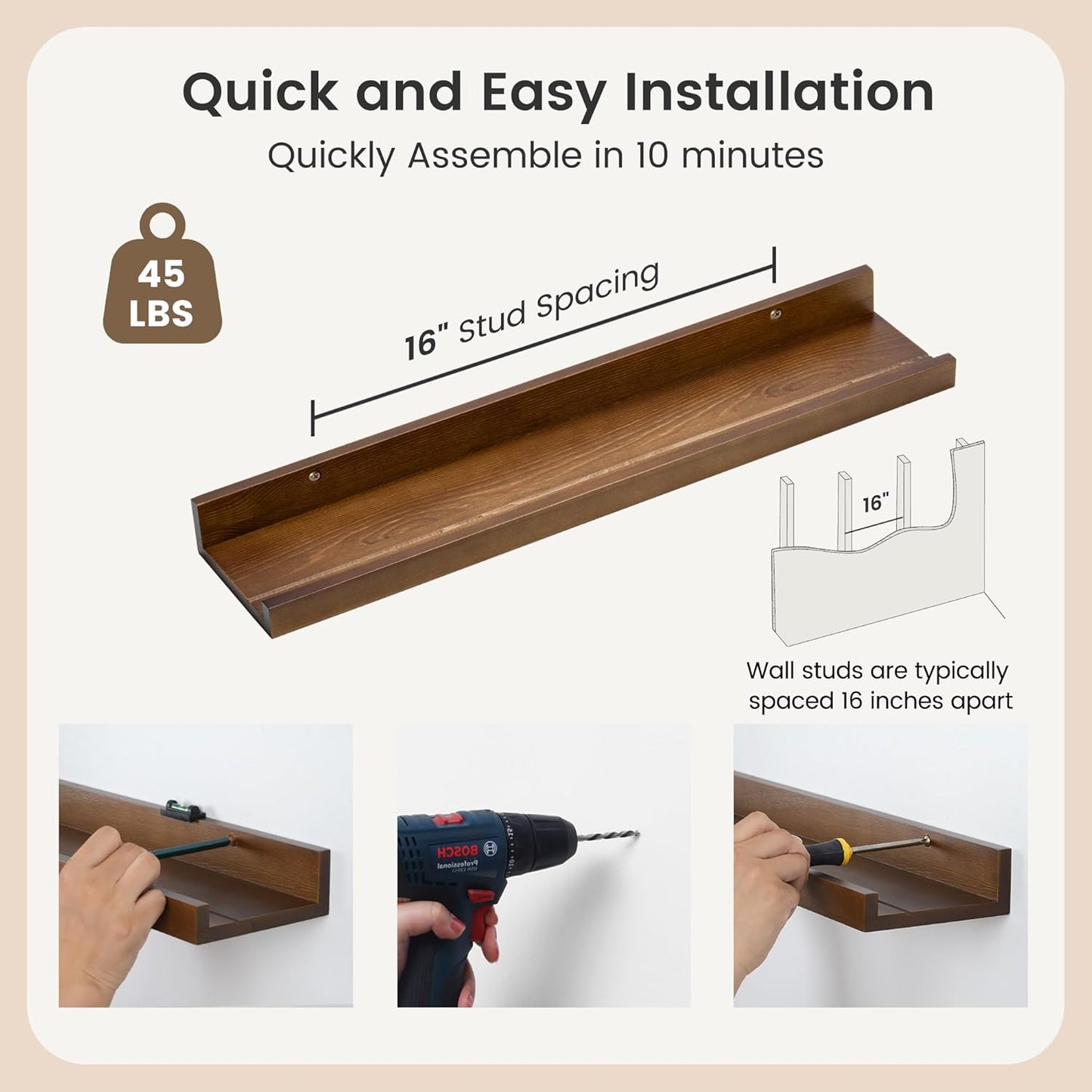 Picture Ledge Wall Shelves 24 inch Width Set of 2, Solid Pine Wood Rustic Floating Ledge Shelves for Wall for Kids' Room Bedroom Kitchen Bathroom Living Room Nursery Display Wall Decor, Walnut