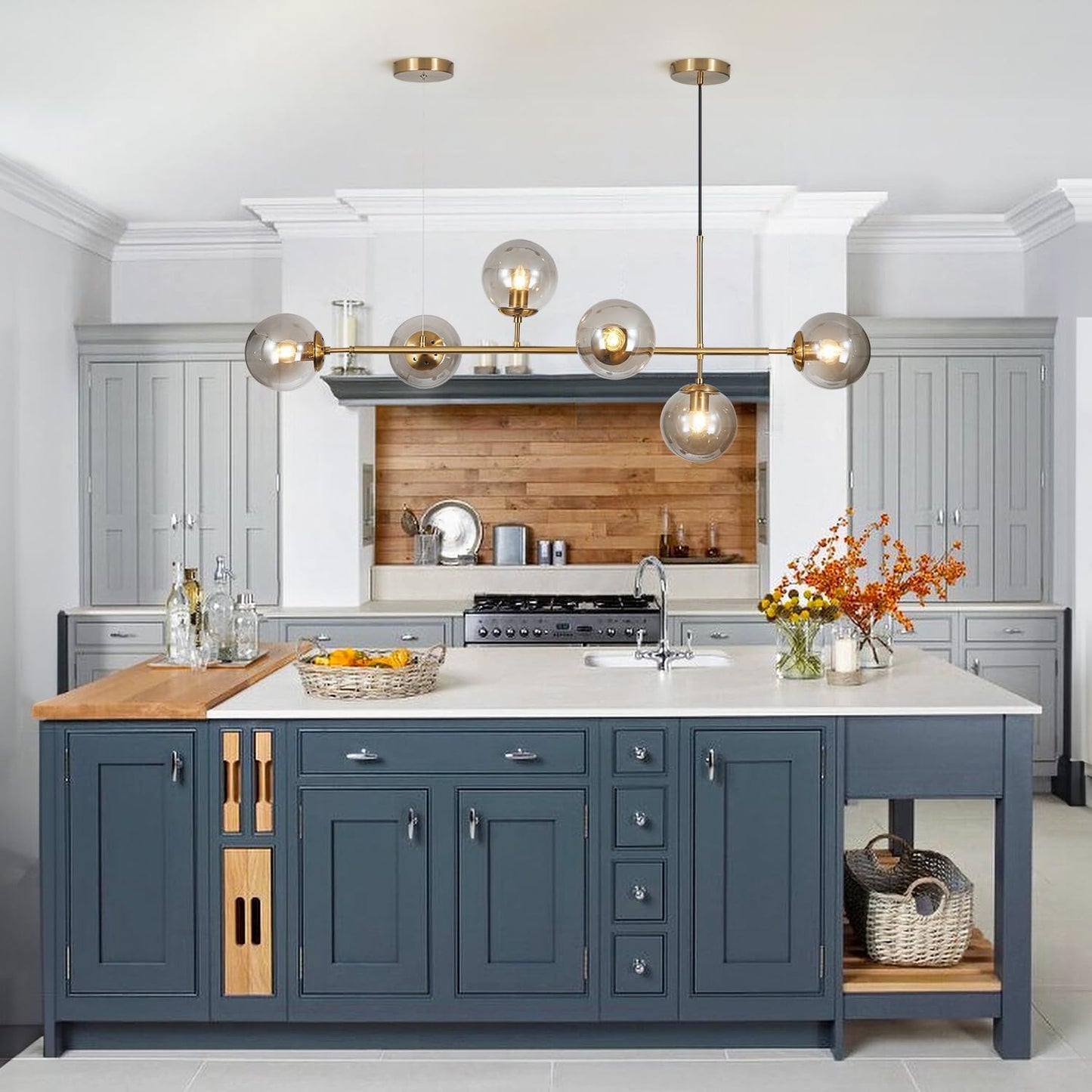 KCO Lighting 6-Light Modern Globe Sputnik Chandelier Brass Gold Linear Pendant Chandelier Lighting Smoke Glass Dining Room Chandelier Mid Century Sputnik Island Lights for Kitchen Living Room